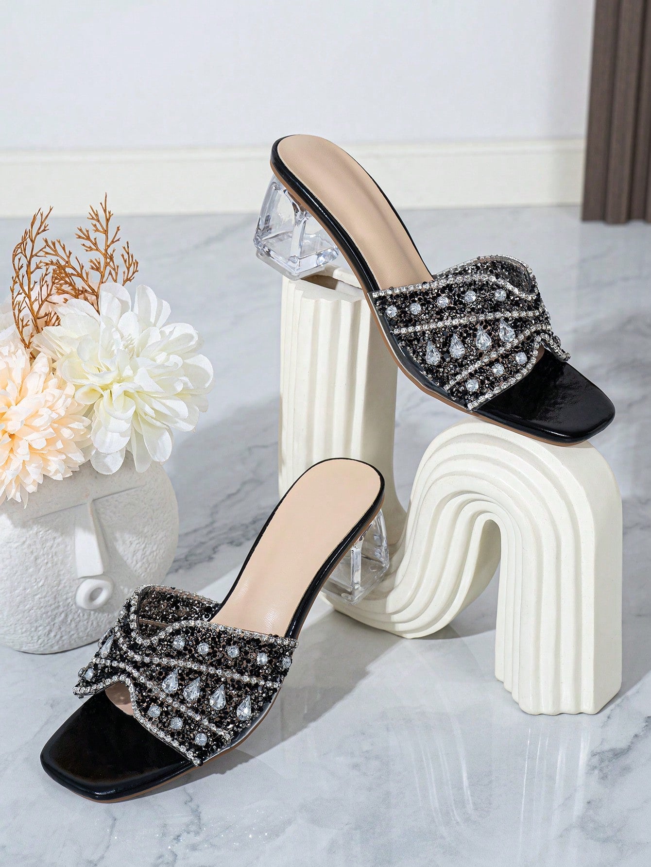 Women Rhinestone Decor Clear Chunky Heeled Mule Sandals, Glamorous Gold Glass Heeled Sandals