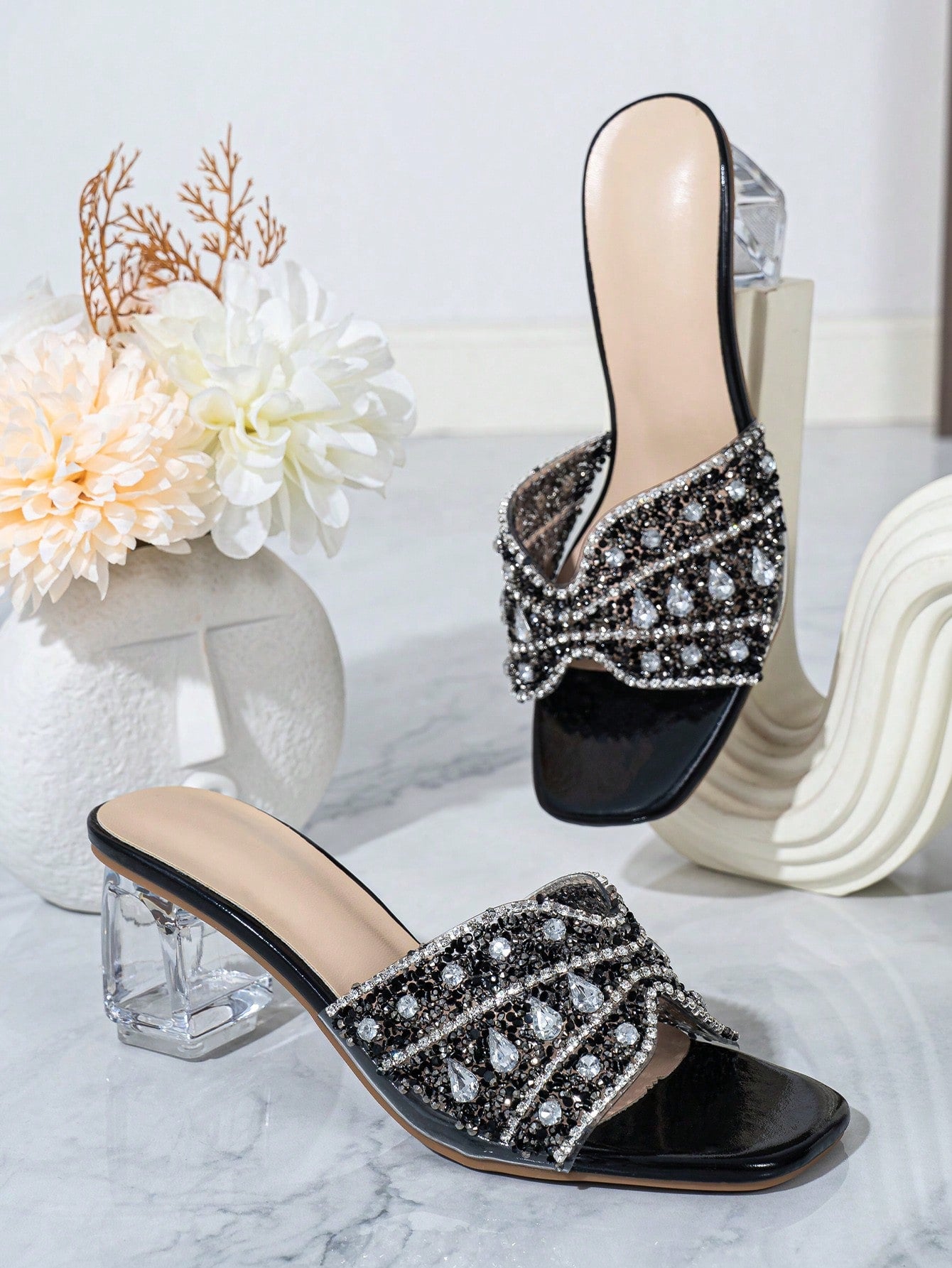 Women Rhinestone Decor Clear Chunky Heeled Mule Sandals, Glamorous Gold Glass Heeled Sandals