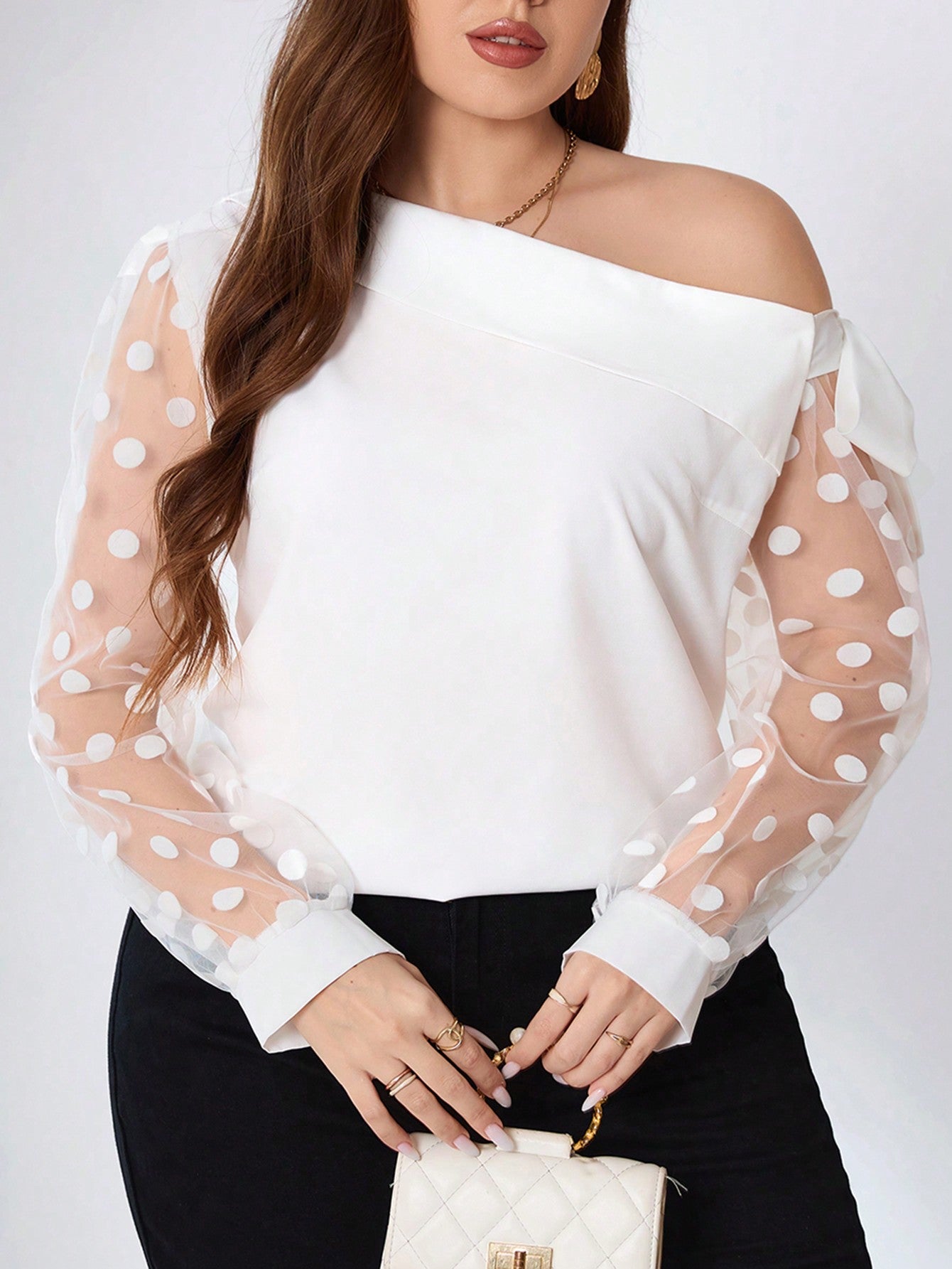 Plus Size One Shoulder Polka Dot Shirt With Bow Detail