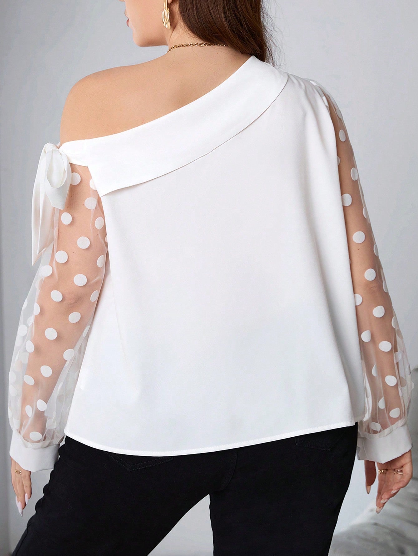 Plus Size One Shoulder Polka Dot Shirt With Bow Detail