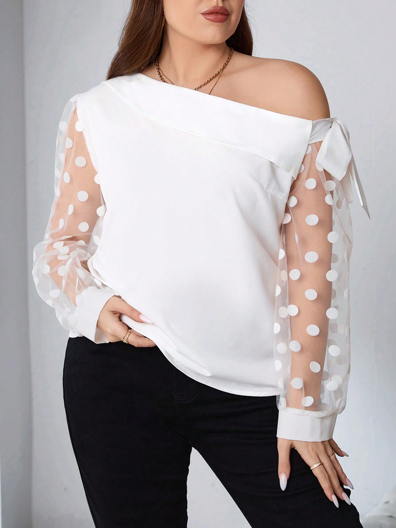 Plus Size One Shoulder Polka Dot Shirt With Bow Detail