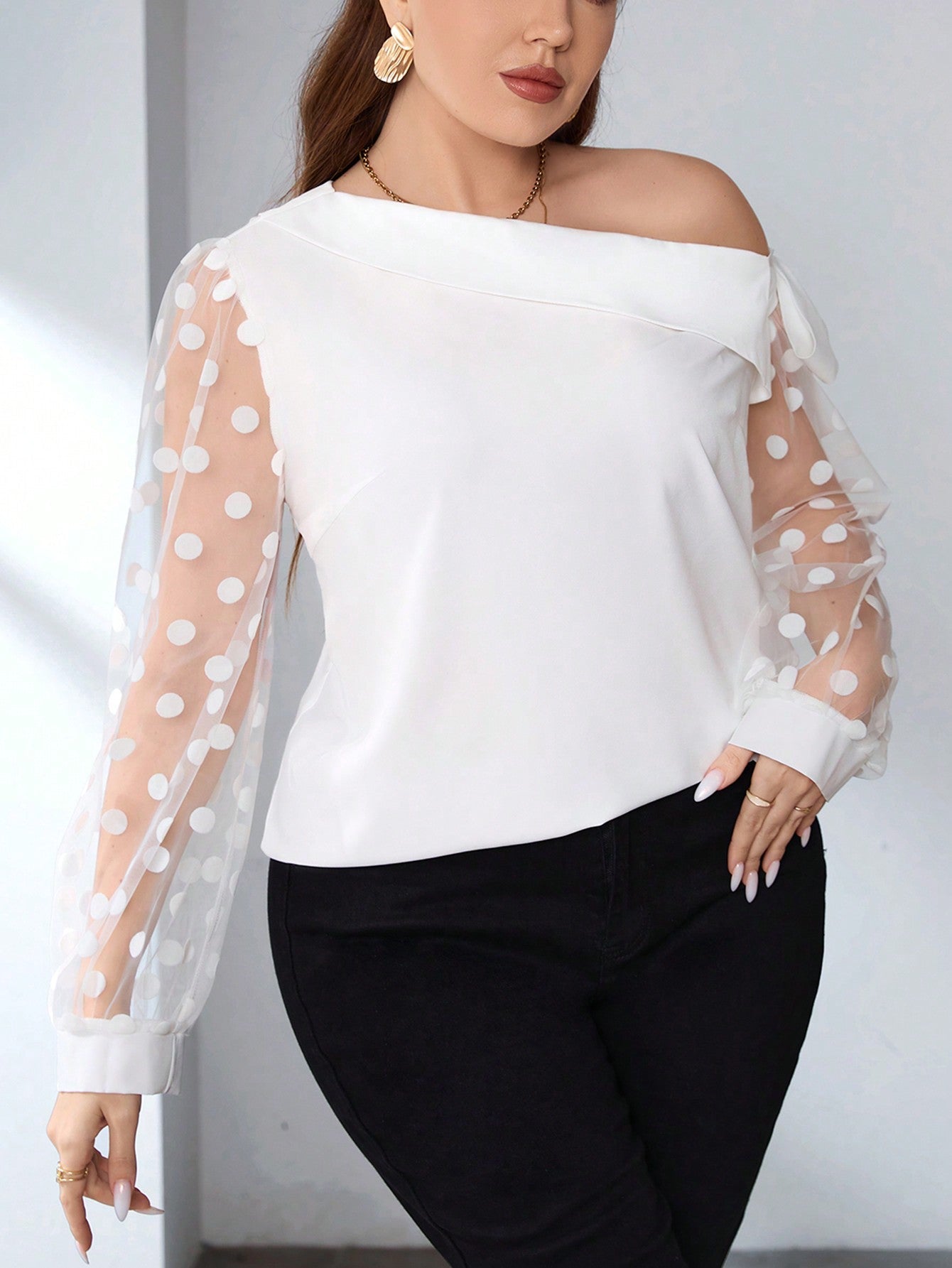 Plus Size One Shoulder Polka Dot Shirt With Bow Detail