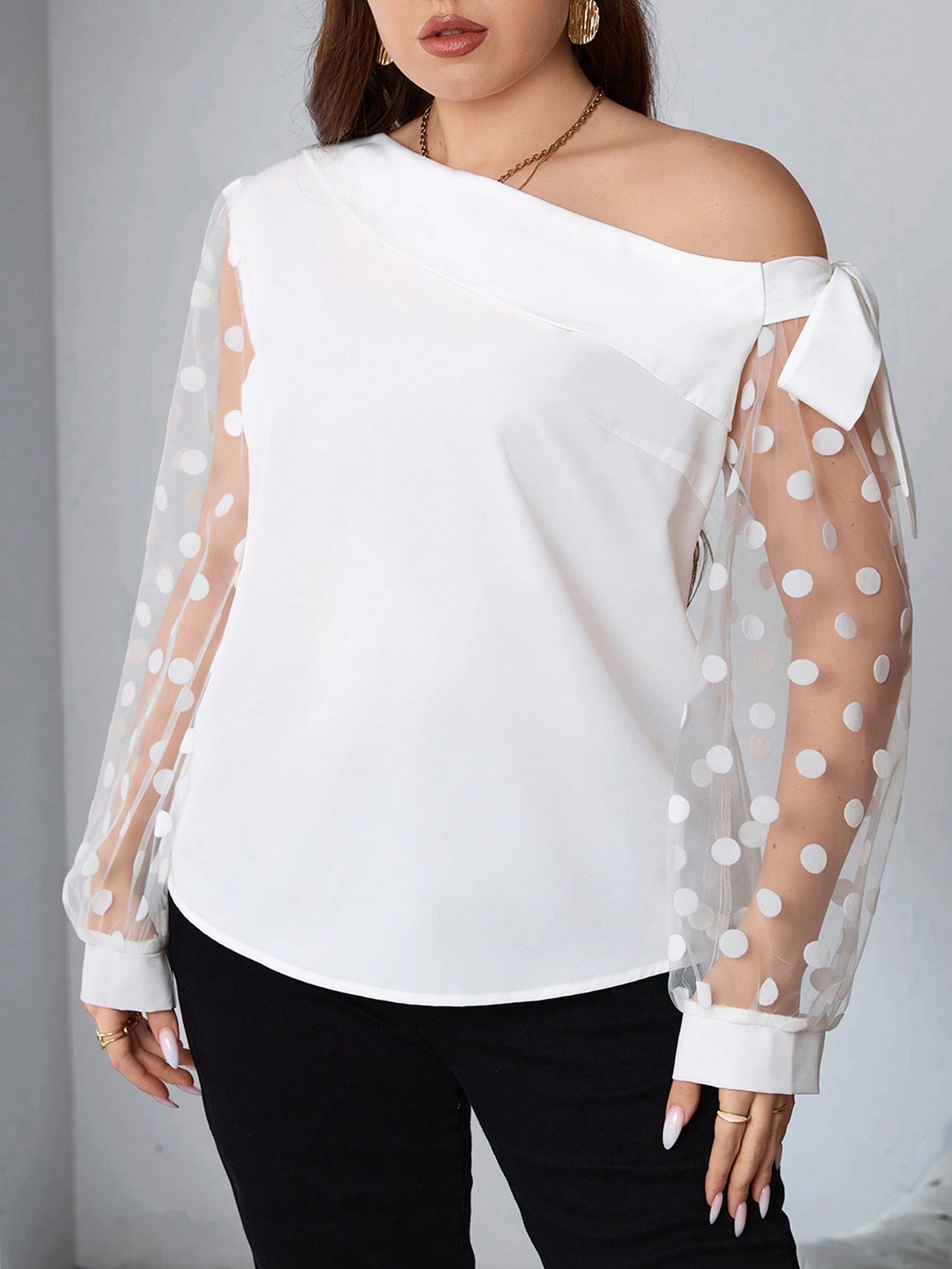 Plus Size One Shoulder Polka Dot Shirt With Bow Detail