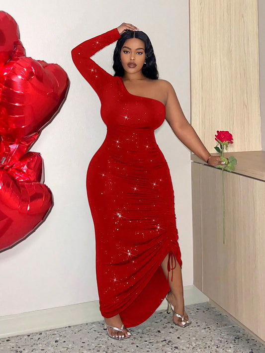 Plus Size Sexy Red Sparkly One Shoulder With Drawstring Detail Dress