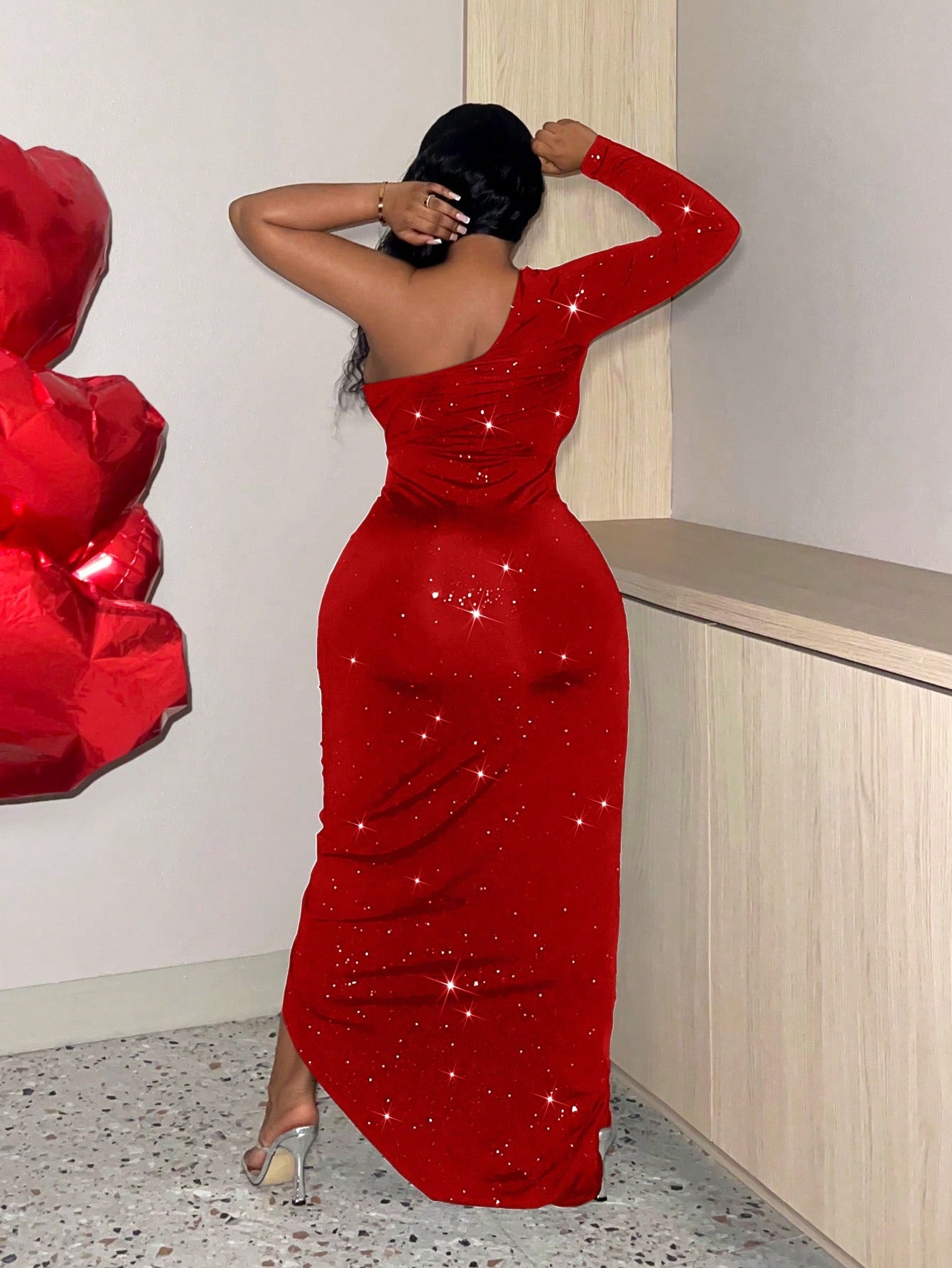 Plus Size Sexy Red Sparkly One Shoulder With Drawstring Detail Dress