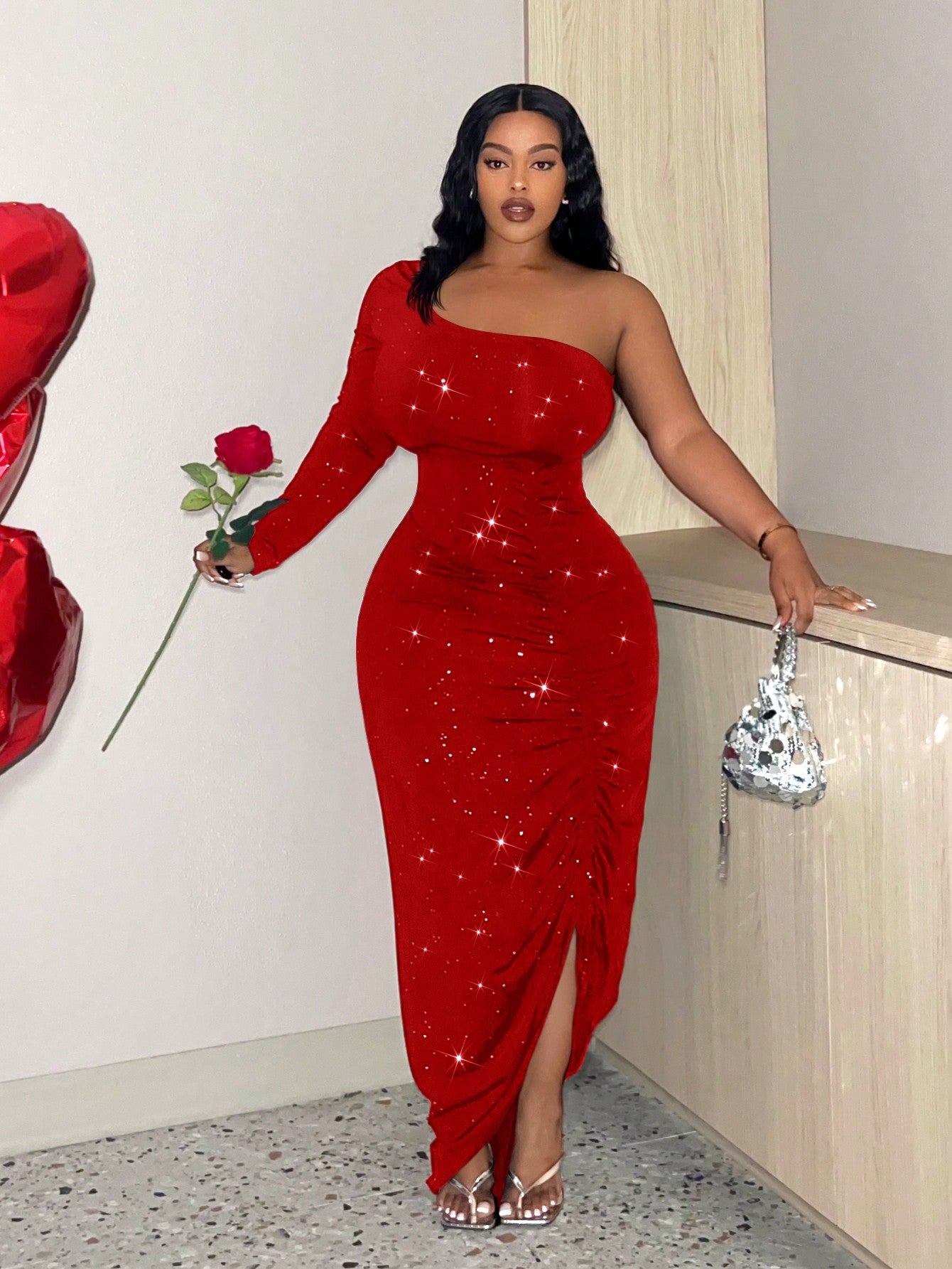 Plus Size Sexy Red Sparkly One Shoulder With Drawstring Detail Dress