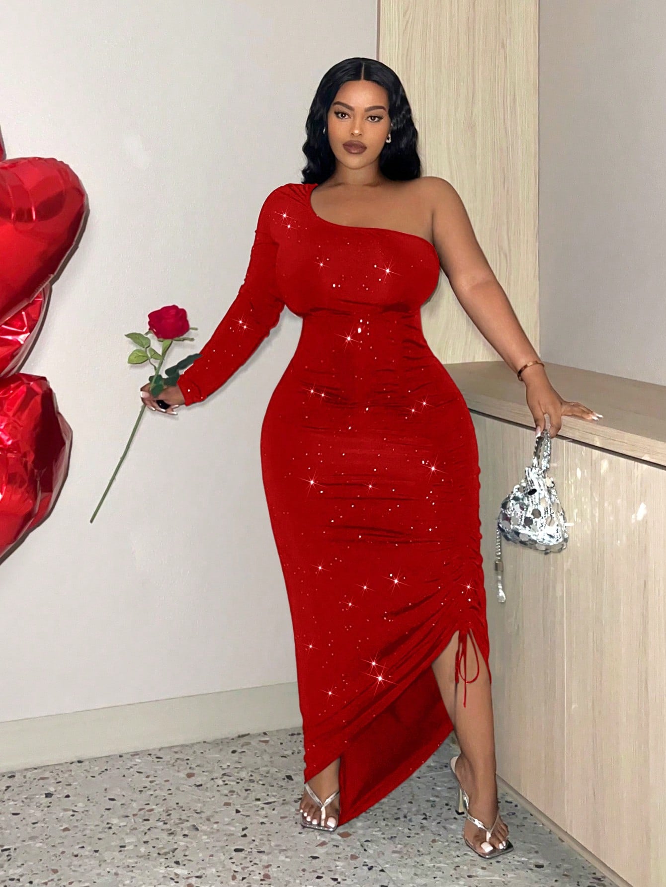 Plus Size Sexy Red Sparkly One Shoulder With Drawstring Detail Dress