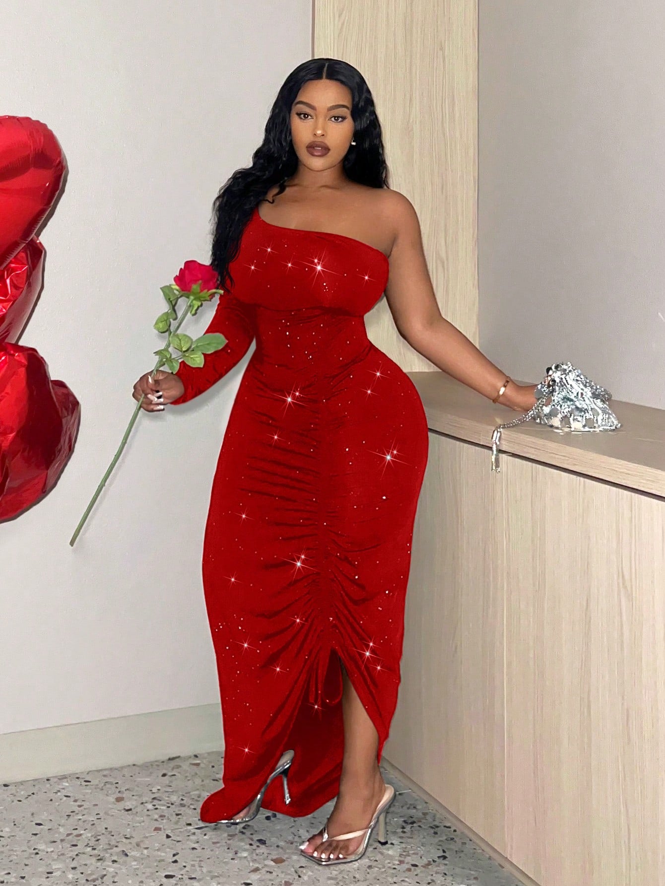 Plus Size Sexy Red Sparkly One Shoulder With Drawstring Detail Dress