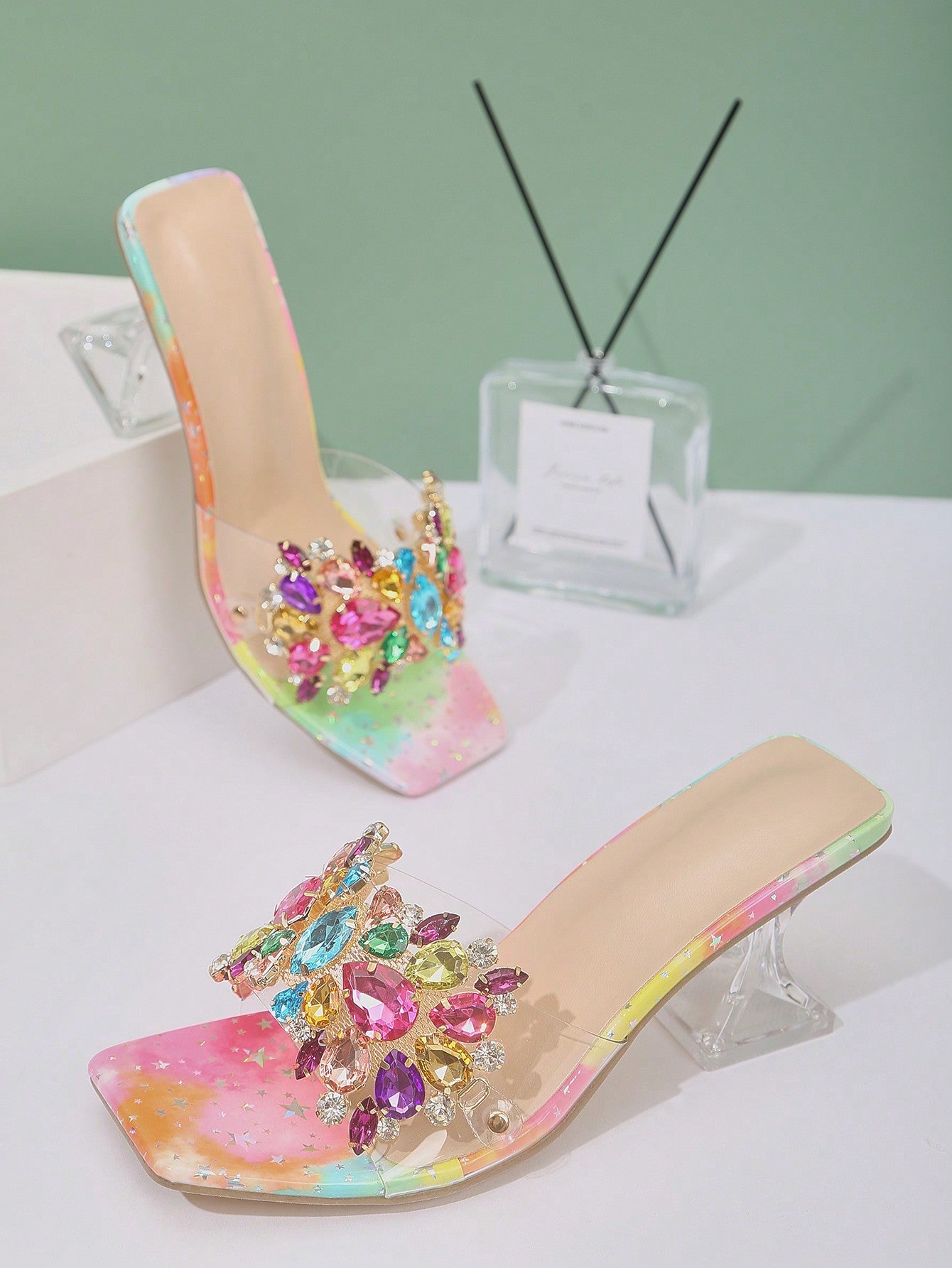 Jewelled Decor Clear Sculptural Heeled Mule Sandals, Ladies' Gold High Heel Sandals With Jewel Detail And Unique Heel