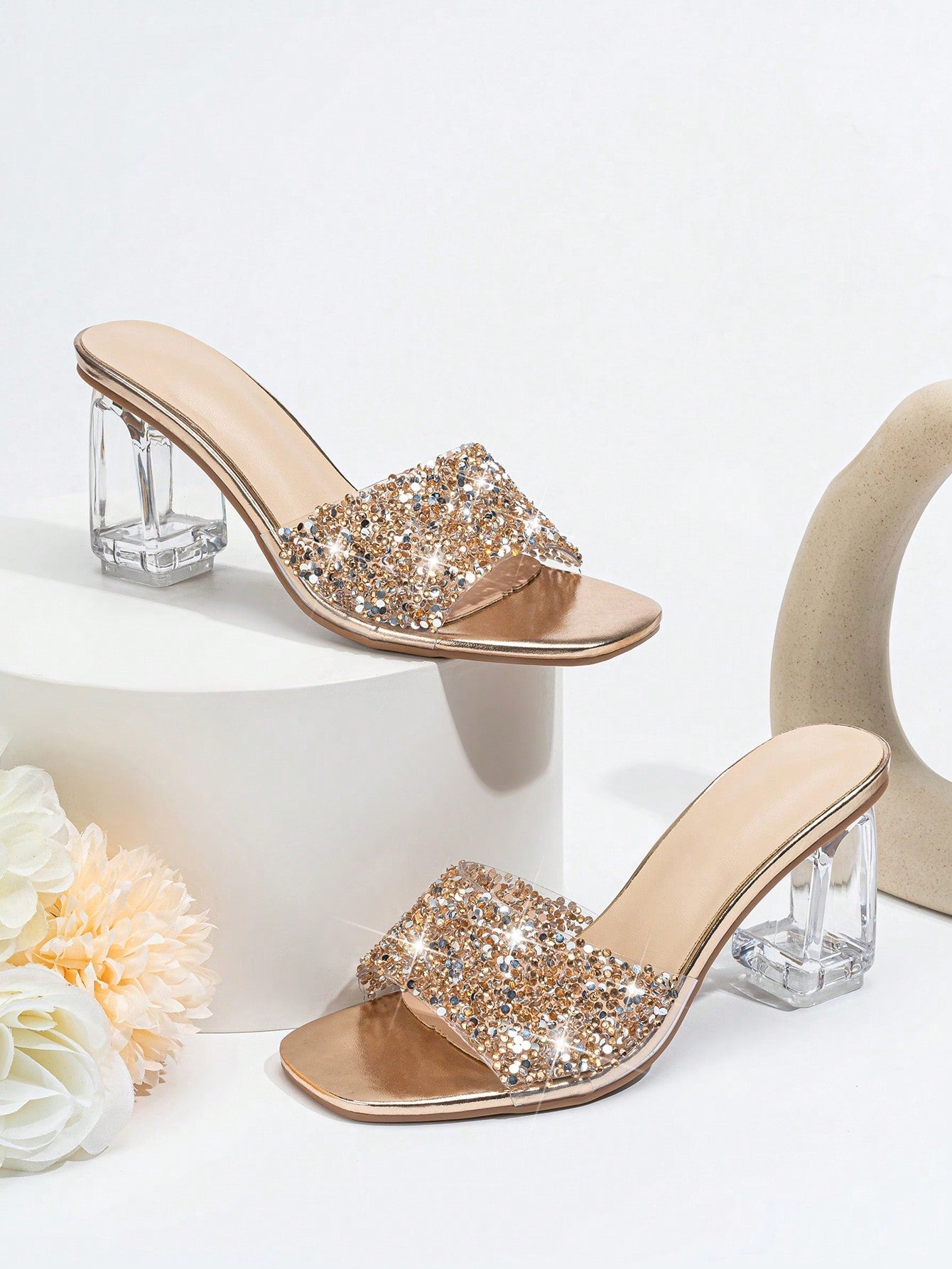 Women Rhinestone Decor Clear Chunky Heeled Mule Sandals, Glamorous Gold Glass Heeled Sandals