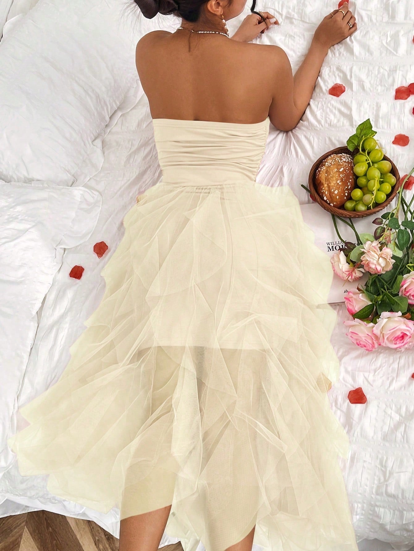 Solid Color Patchwork Mesh & Pleated Strapless Dress