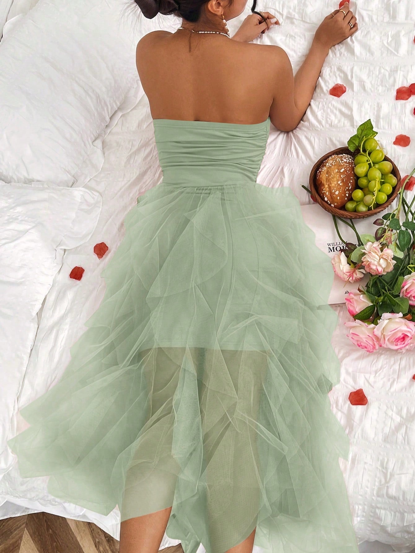 Solid Color Patchwork Mesh & Pleated Strapless Dress