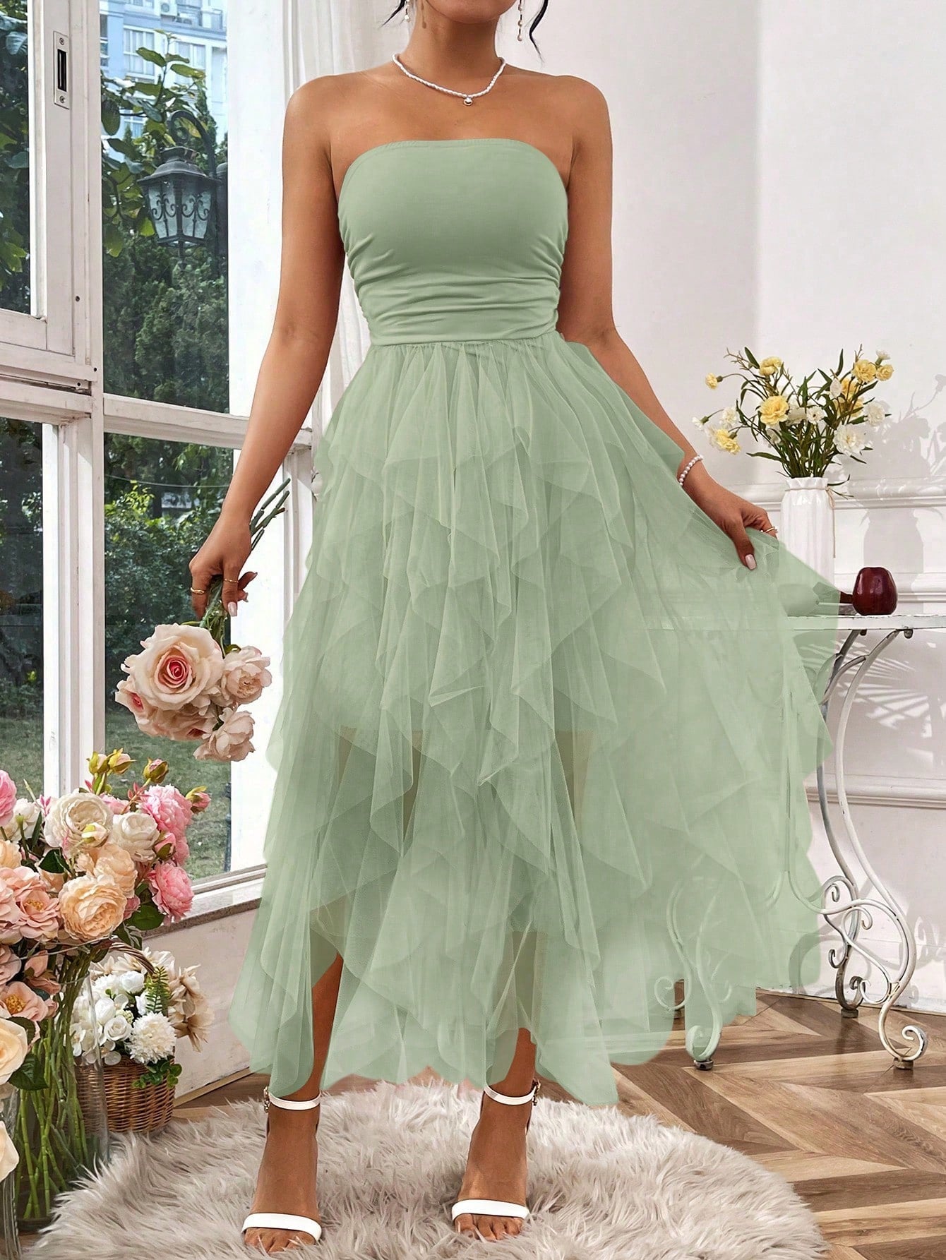 Solid Color Patchwork Mesh & Pleated Strapless Dress