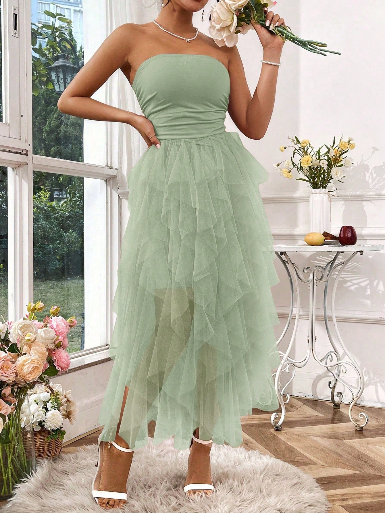 Solid Color Patchwork Mesh & Pleated Strapless Dress