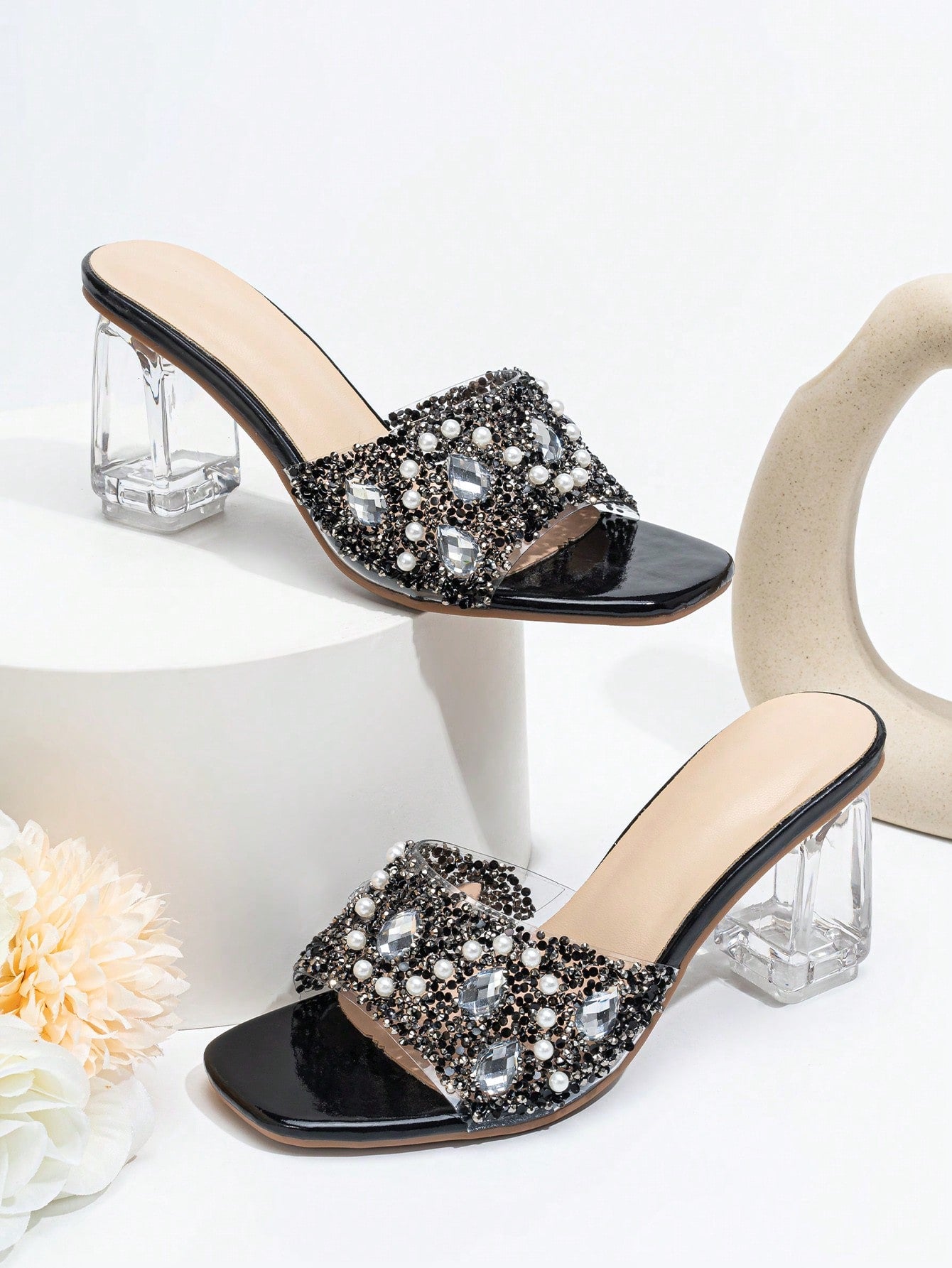 Women Rhinestone Decor Clear Chunky Heeled Mule Sandals, Glamorous Gold Glass Heeled Sandals