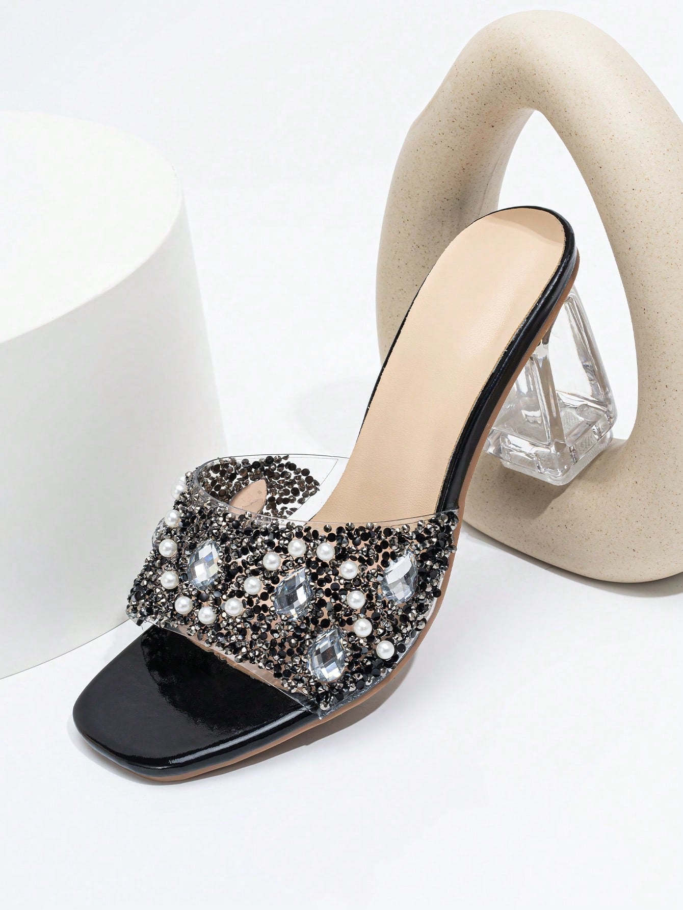 Women Rhinestone Decor Clear Chunky Heeled Mule Sandals, Glamorous Gold Glass Heeled Sandals