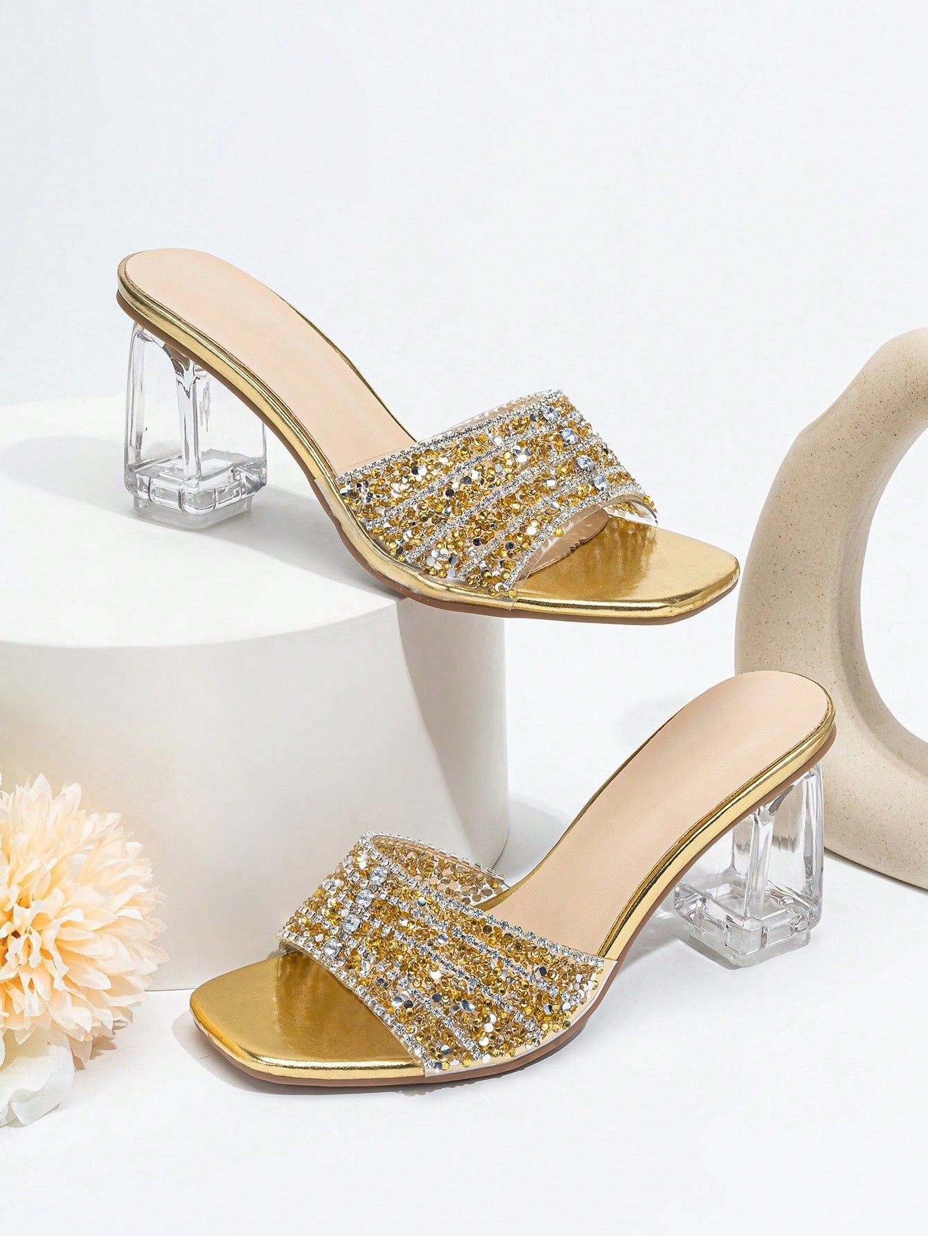 Women Rhinestone Decor Clear Chunky Heeled Mule Sandals, Glamorous Gold Glass Heeled Sandals