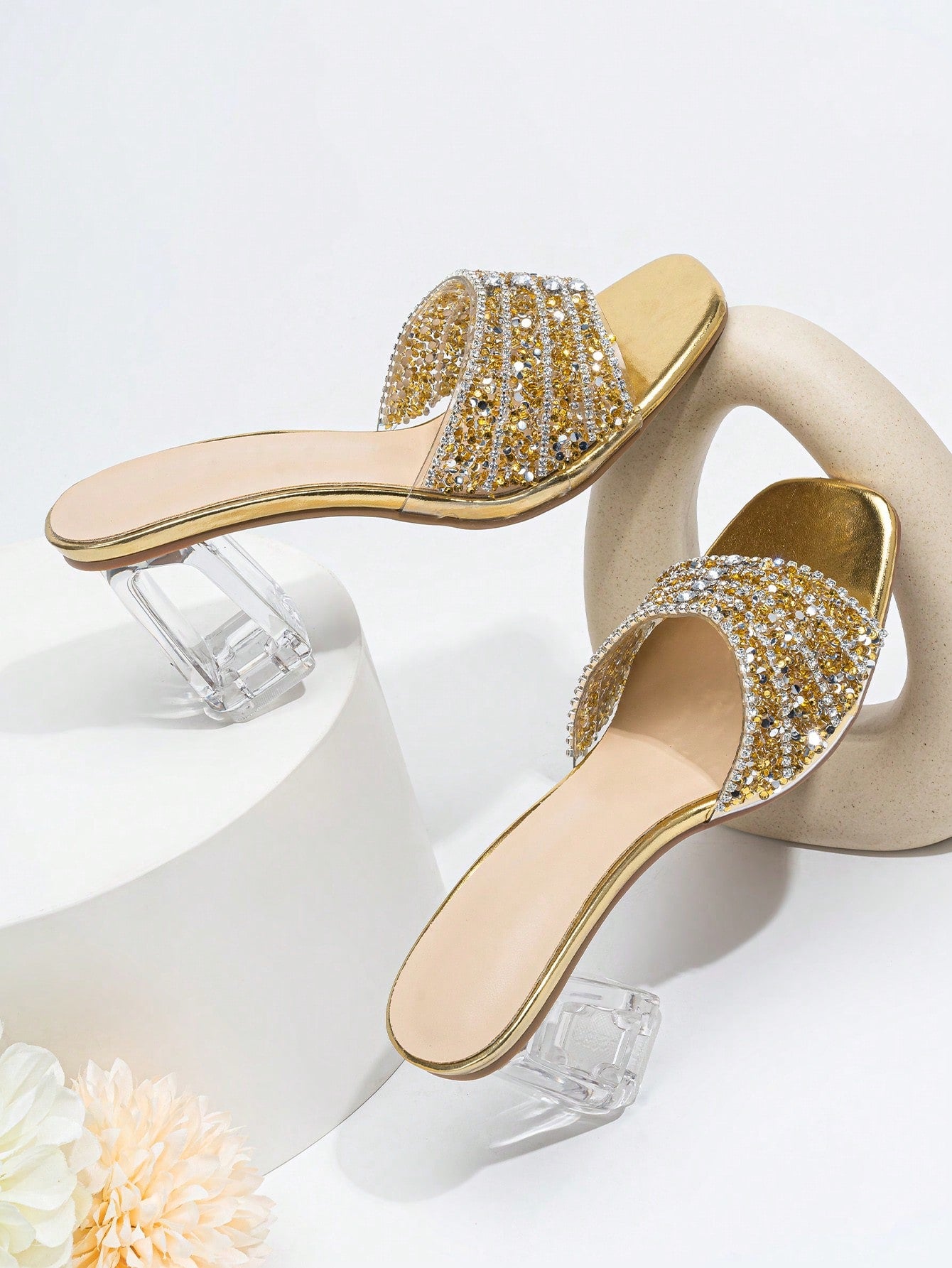 Women Rhinestone Decor Clear Chunky Heeled Mule Sandals, Glamorous Gold Glass Heeled Sandals