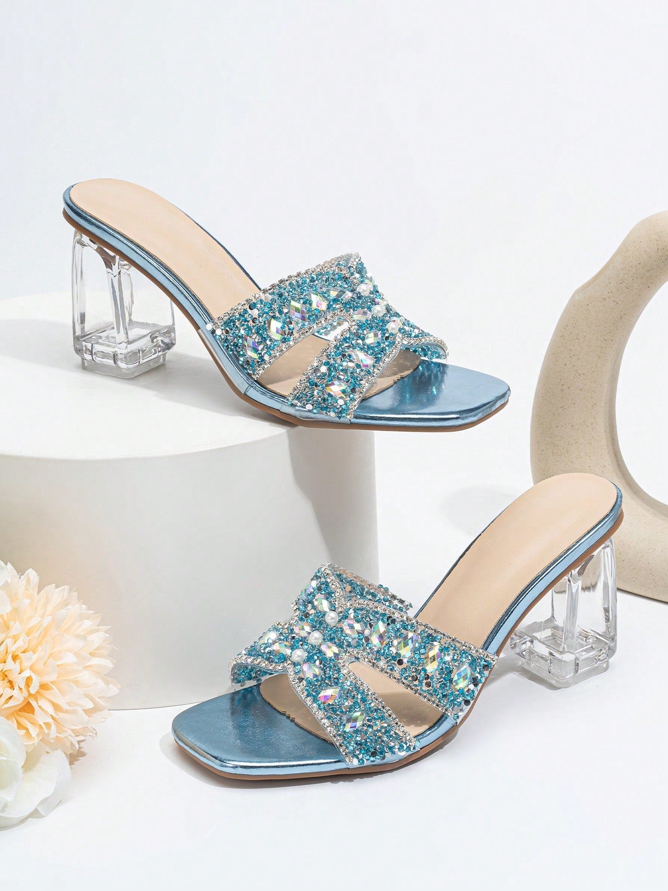 Women Rhinestone Decor Clear Chunky Heeled Mule Sandals, Glamorous Gold Glass Heeled Sandals