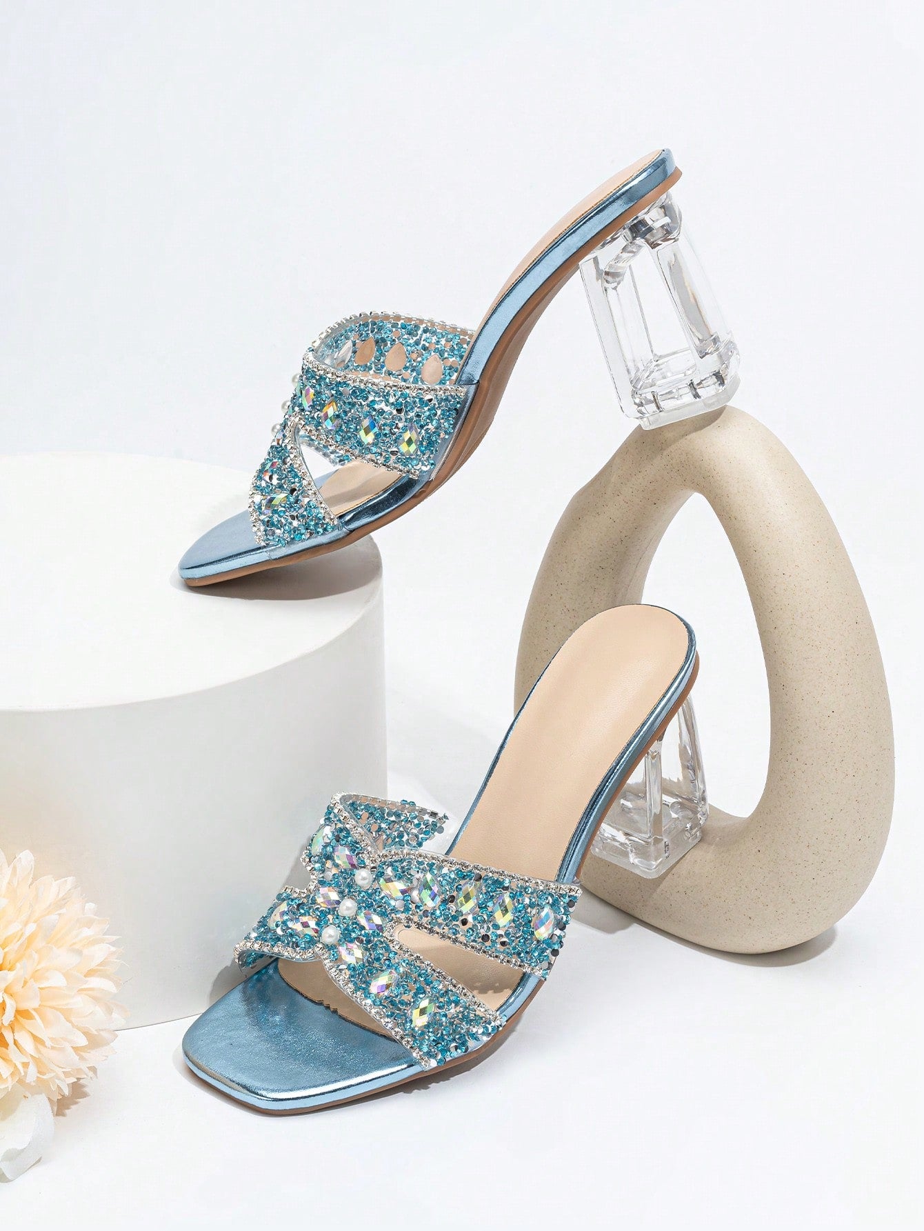 Women Rhinestone Decor Clear Chunky Heeled Mule Sandals, Glamorous Gold Glass Heeled Sandals