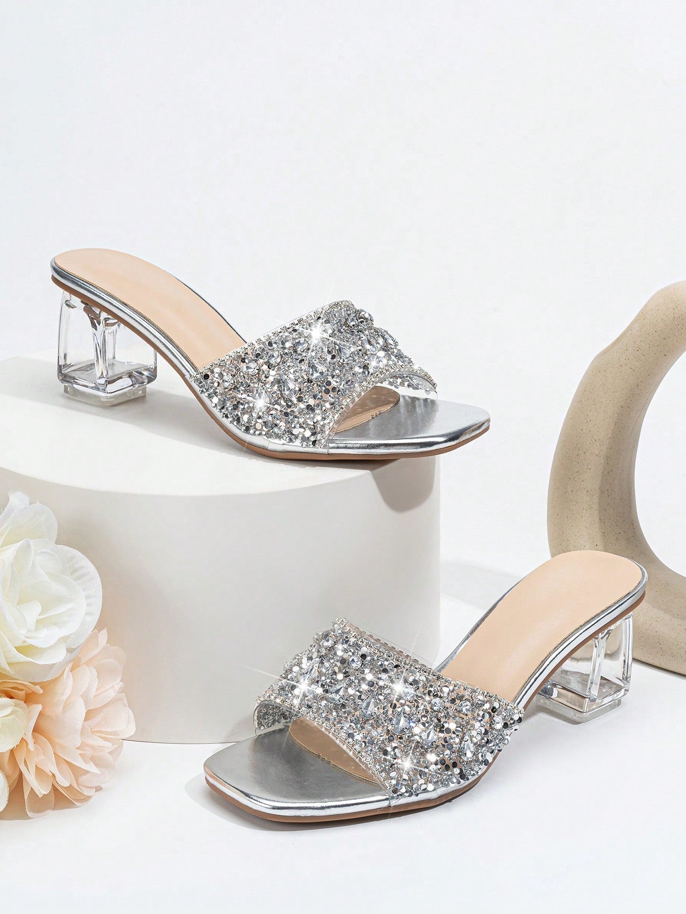 Women Rhinestone Decor Clear Chunky Heeled Mule Sandals, Glamorous Gold Glass Heeled Sandals