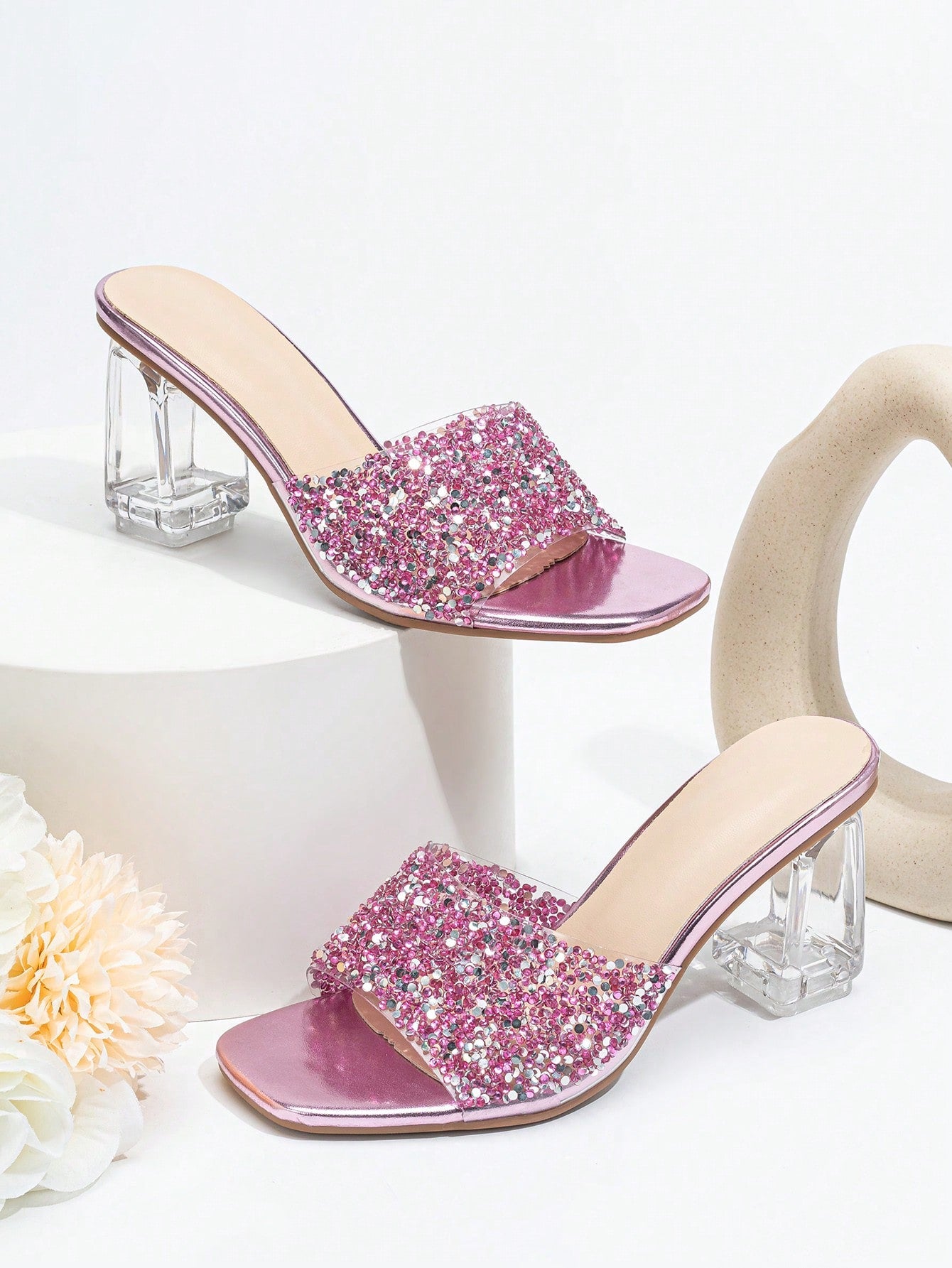 Women Rhinestone Decor Clear Chunky Heeled Mule Sandals, Glamorous Gold Glass Heeled Sandals