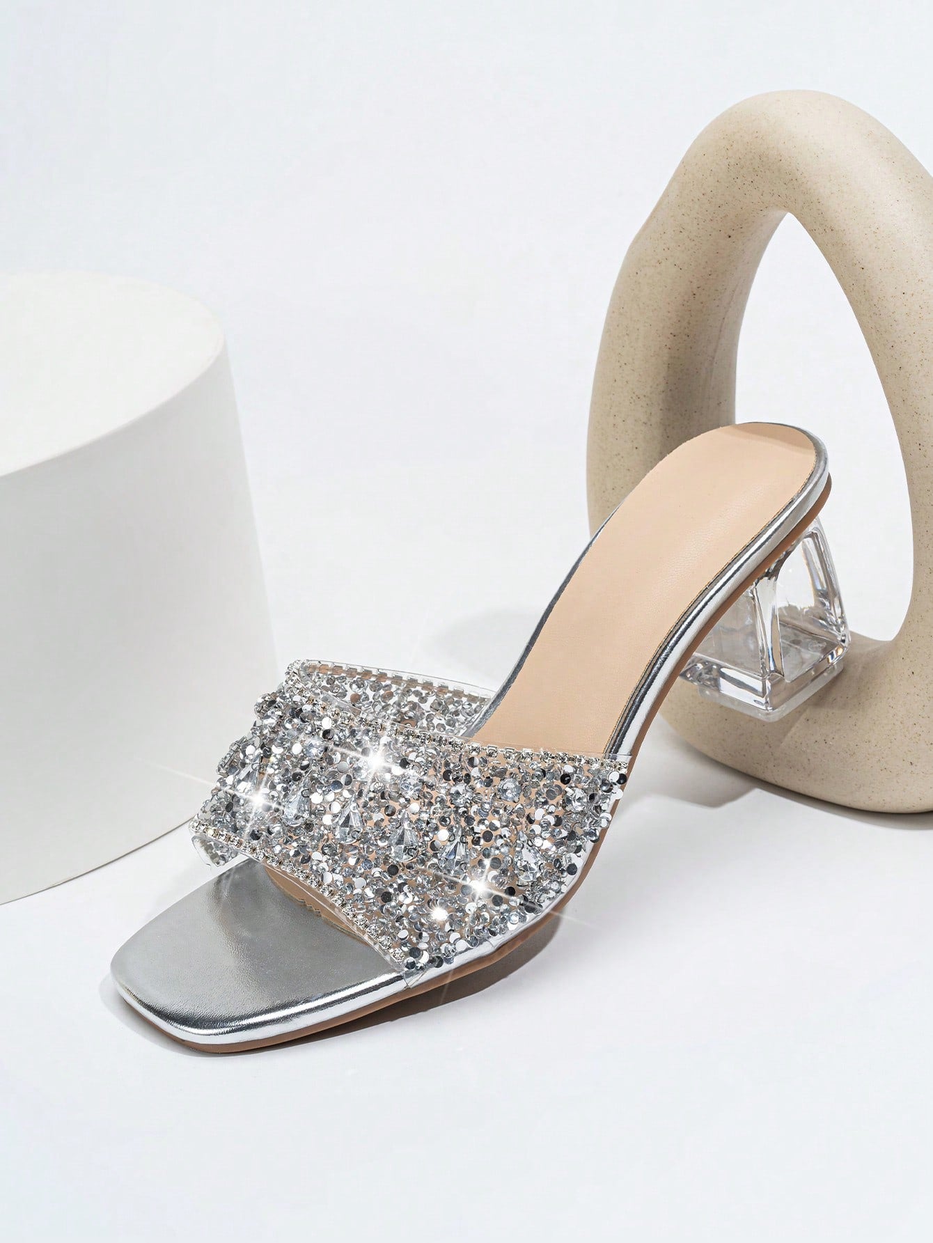 Women Rhinestone Decor Clear Chunky Heeled Mule Sandals, Glamorous Gold Glass Heeled Sandals