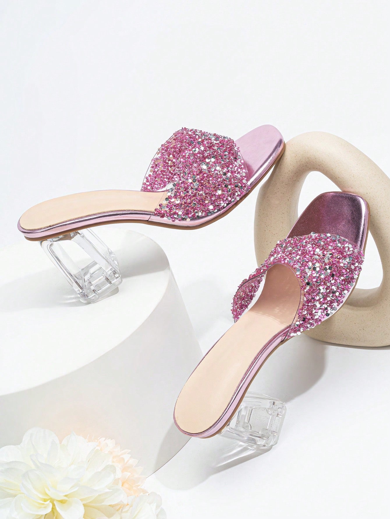 Women Rhinestone Decor Clear Chunky Heeled Mule Sandals, Glamorous Gold Glass Heeled Sandals