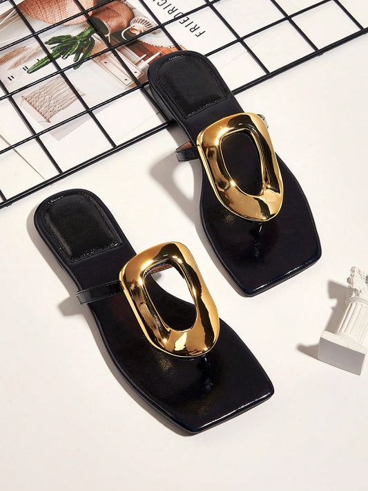 Party Vacation Casual Black Square Toe Metal Buckle Slide Flat Sandals