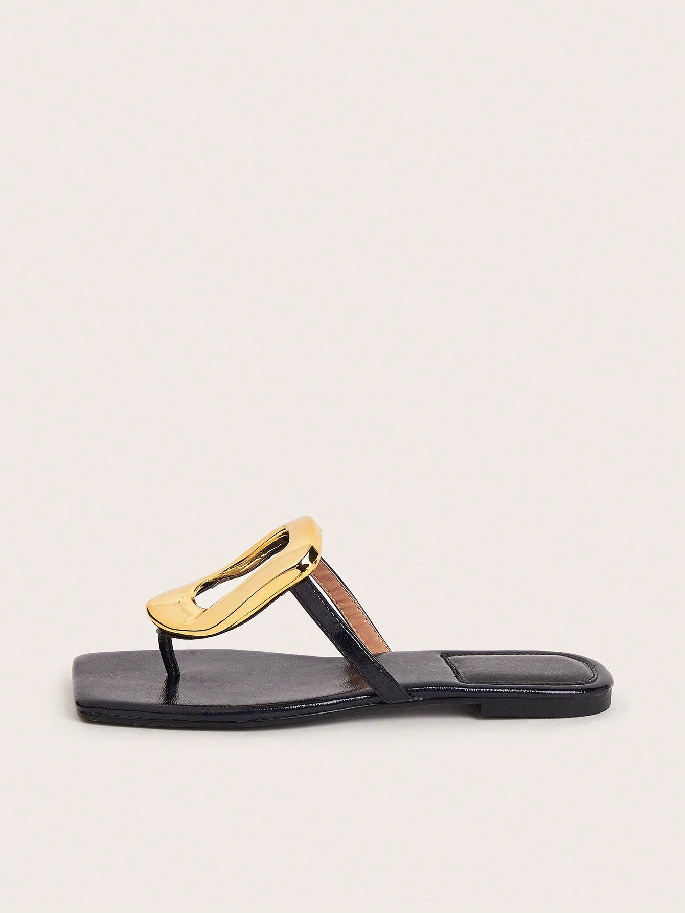 Party Vacation Casual Black Square Toe Metal Buckle Slide Flat Sandals