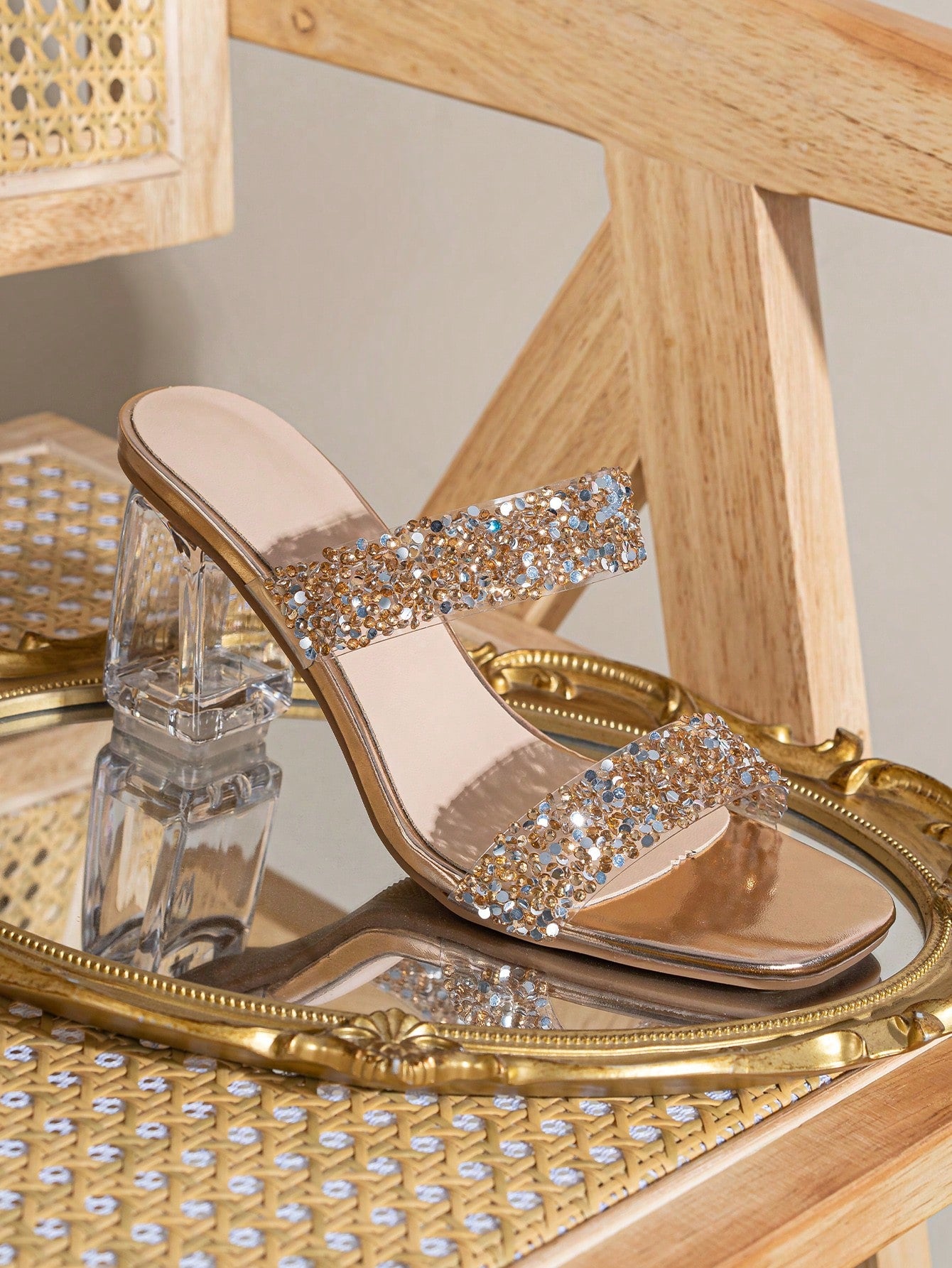 Women Rhinestone Decor Clear Chunky Heeled Mule Sandals, Glamorous Gold Glass Heeled Sandals