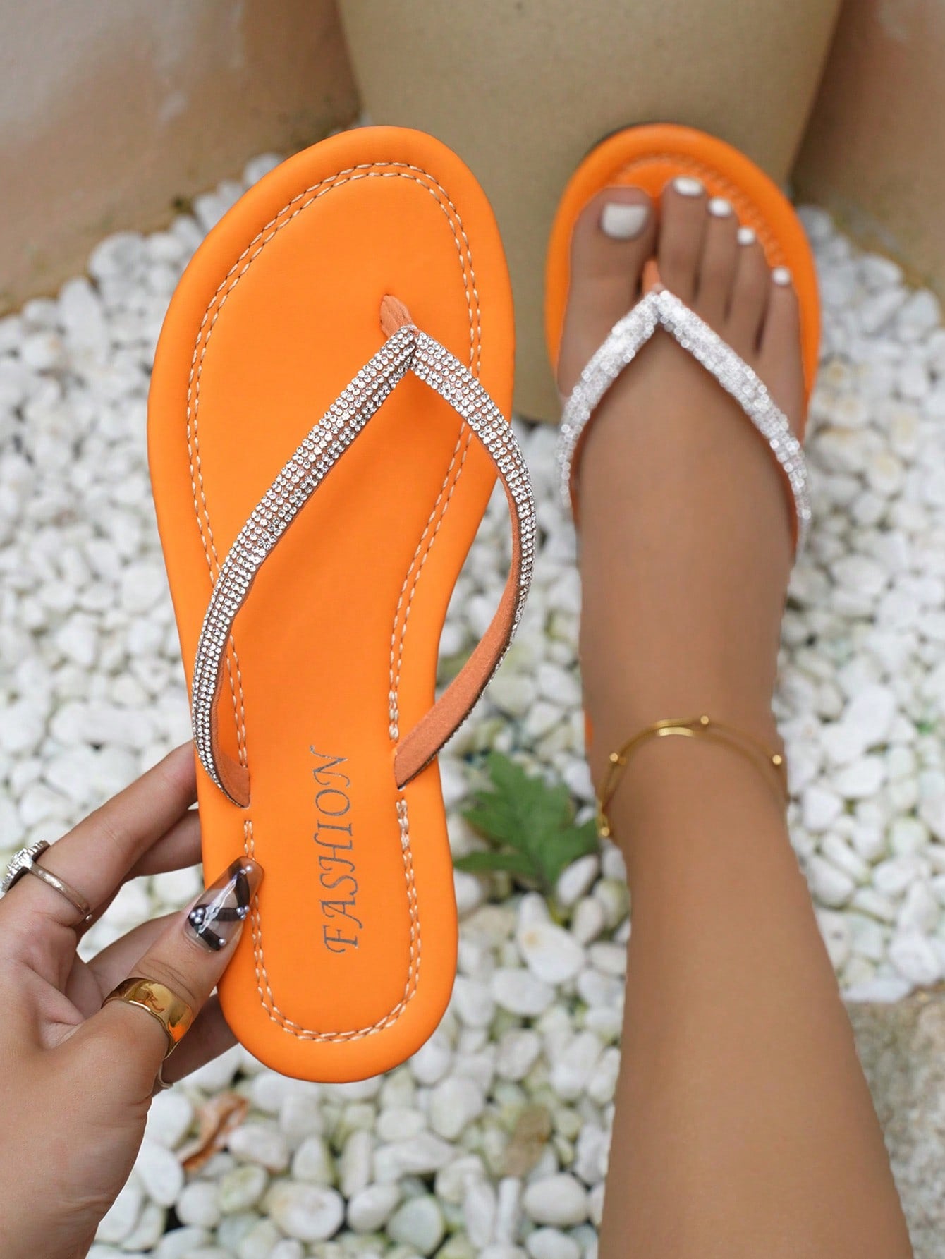 Women Comfortable Rhinestone Decor Toe Post Flat Sandals, Glamorous Summer Faux Suede Thong Sandals