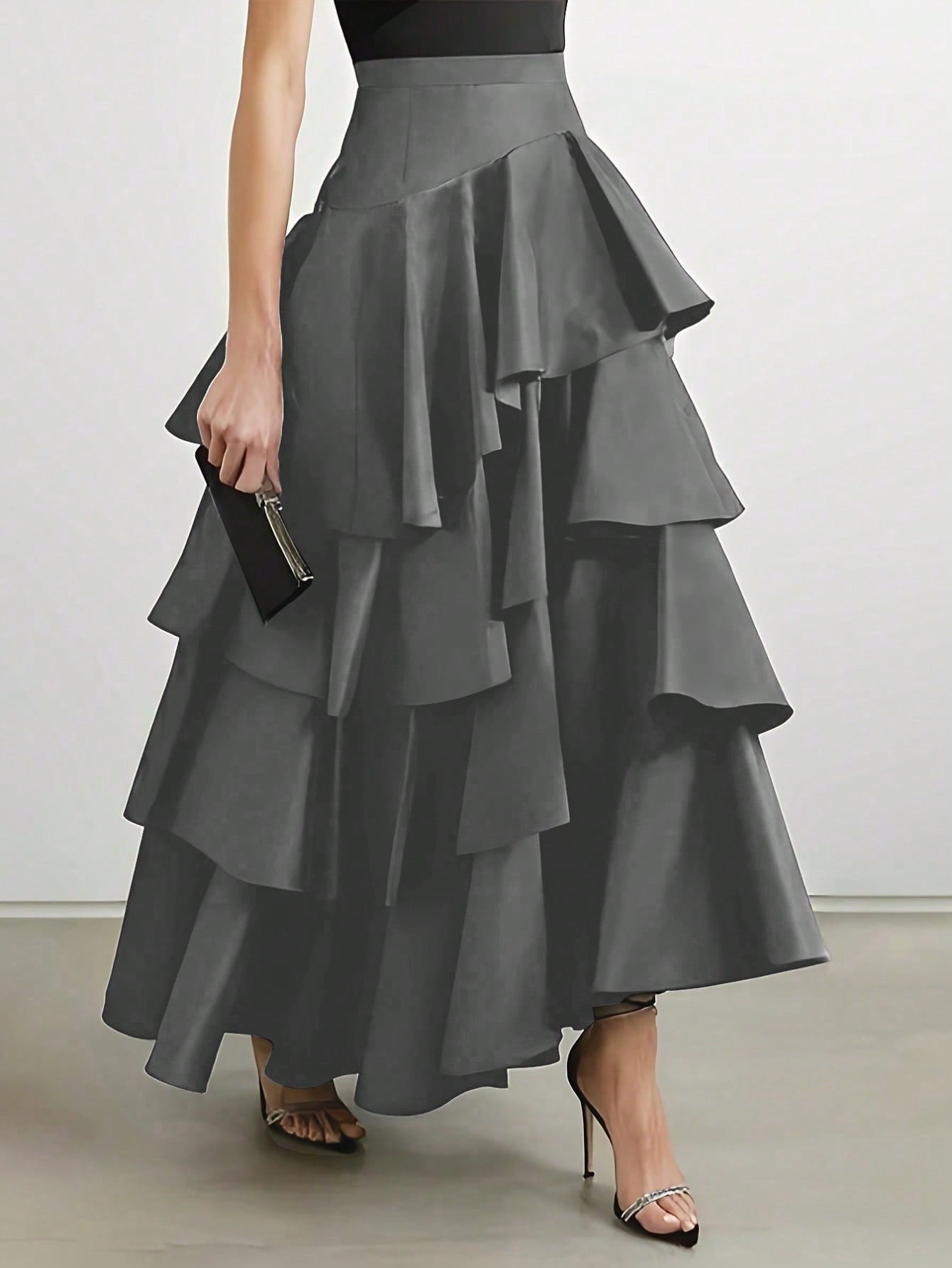 Elegant Layer Ruffle Hem Maxi Skirt