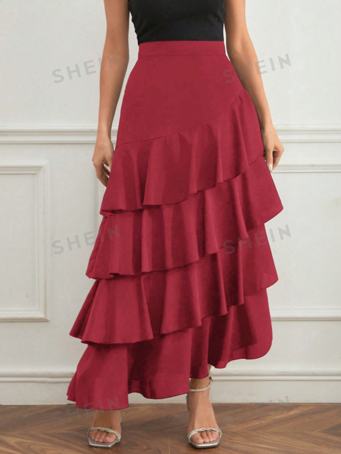 Elegant Layer Ruffle Hem Maxi Skirt