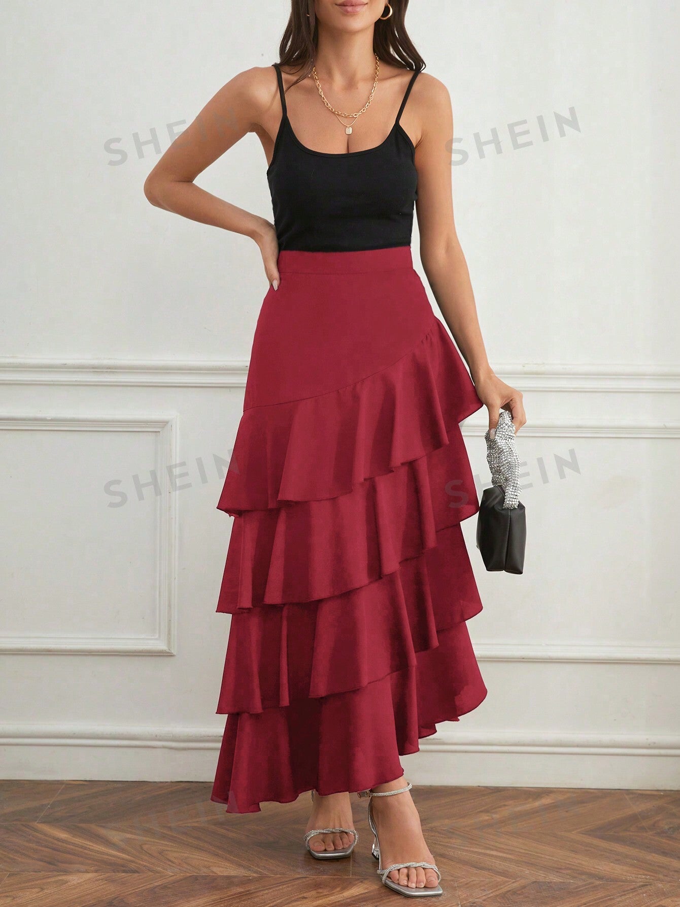 Elegant Layer Ruffle Hem Maxi Skirt