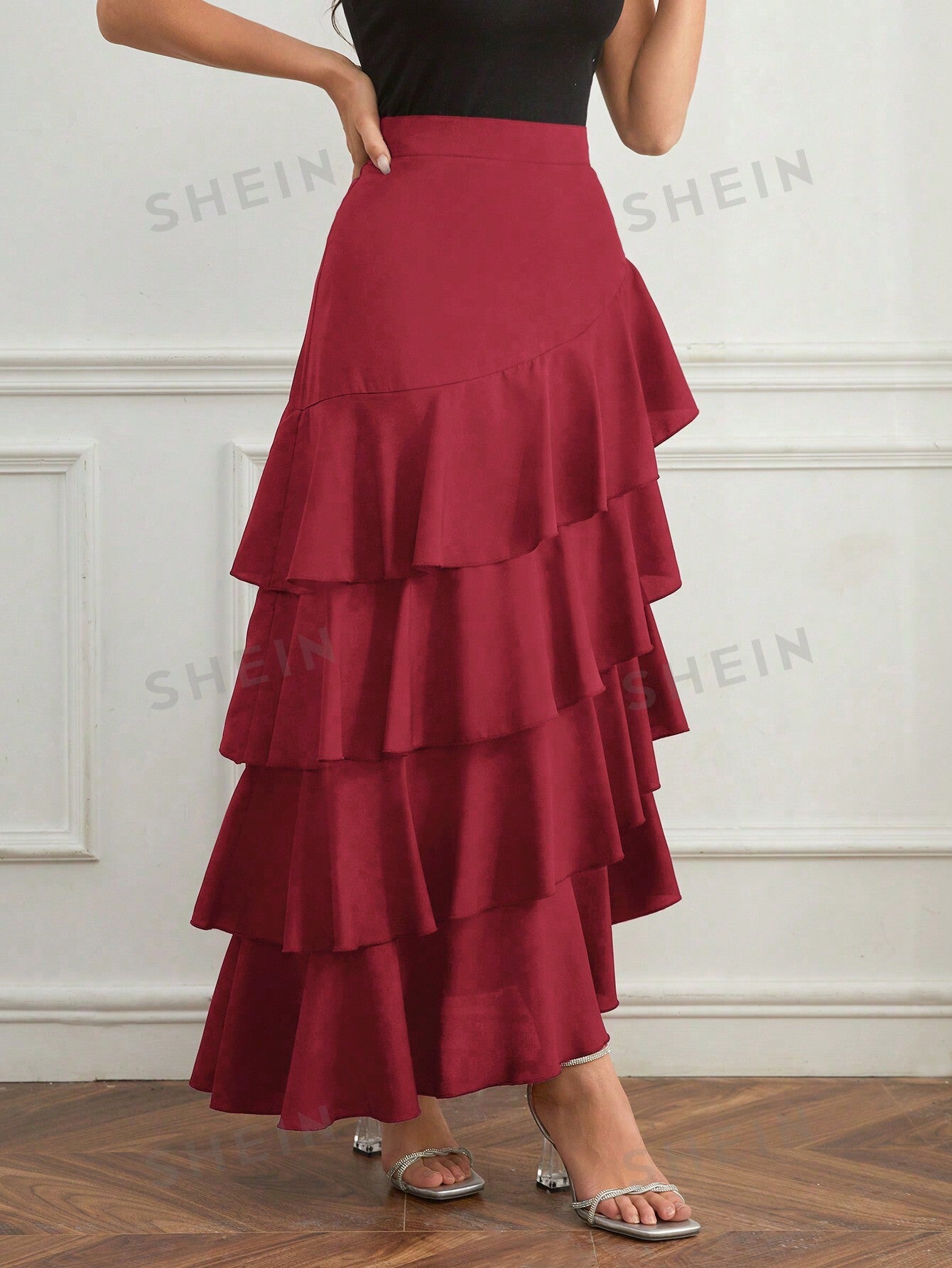 Elegant Layer Ruffle Hem Maxi Skirt