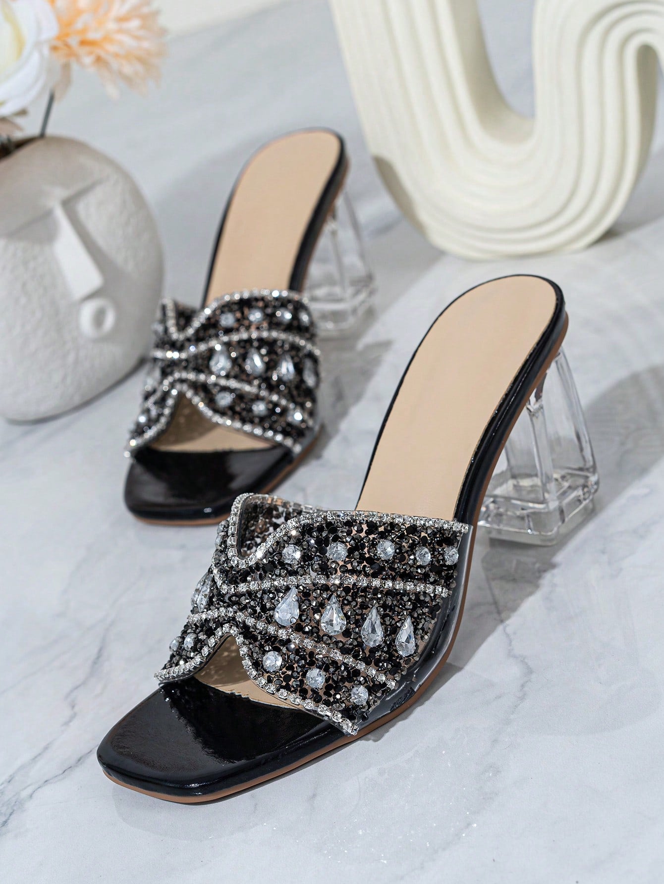 Women Rhinestone Decor Clear Chunky Heeled Mule Sandals, Glamorous Gold Glass Heeled Sandals