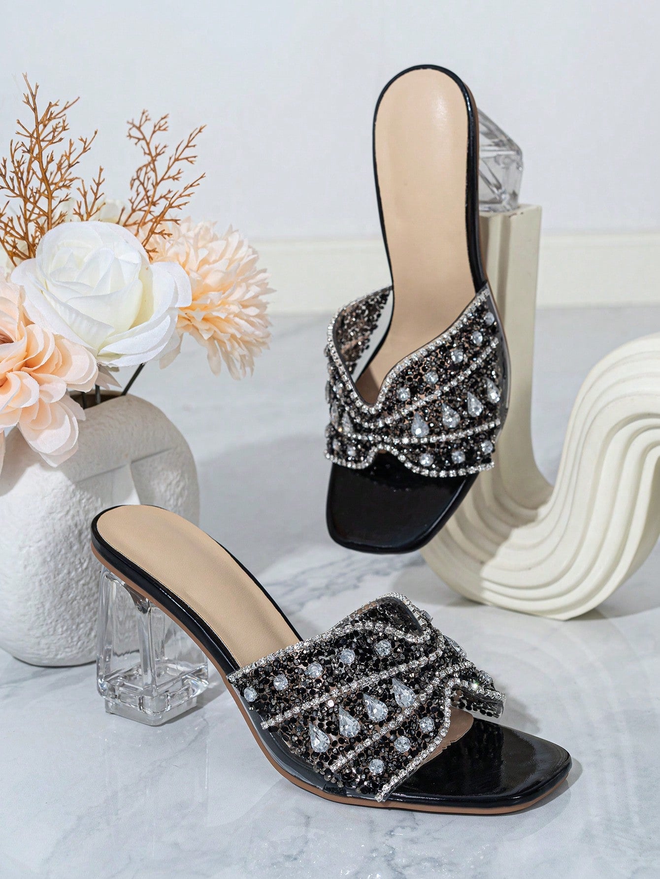 Women Rhinestone Decor Clear Chunky Heeled Mule Sandals, Glamorous Gold Glass Heeled Sandals