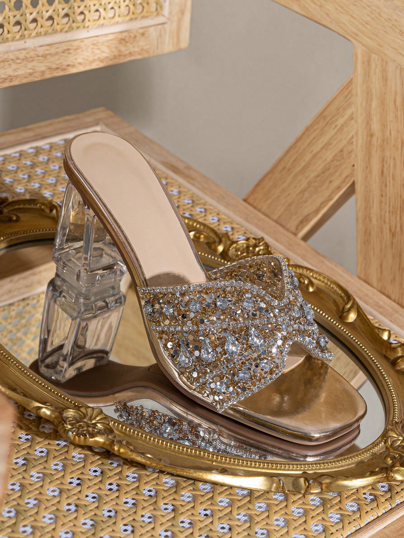 Women Rhinestone Decor Clear Chunky Heeled Mule Sandals, Glamorous Gold Glass Heeled Sandals