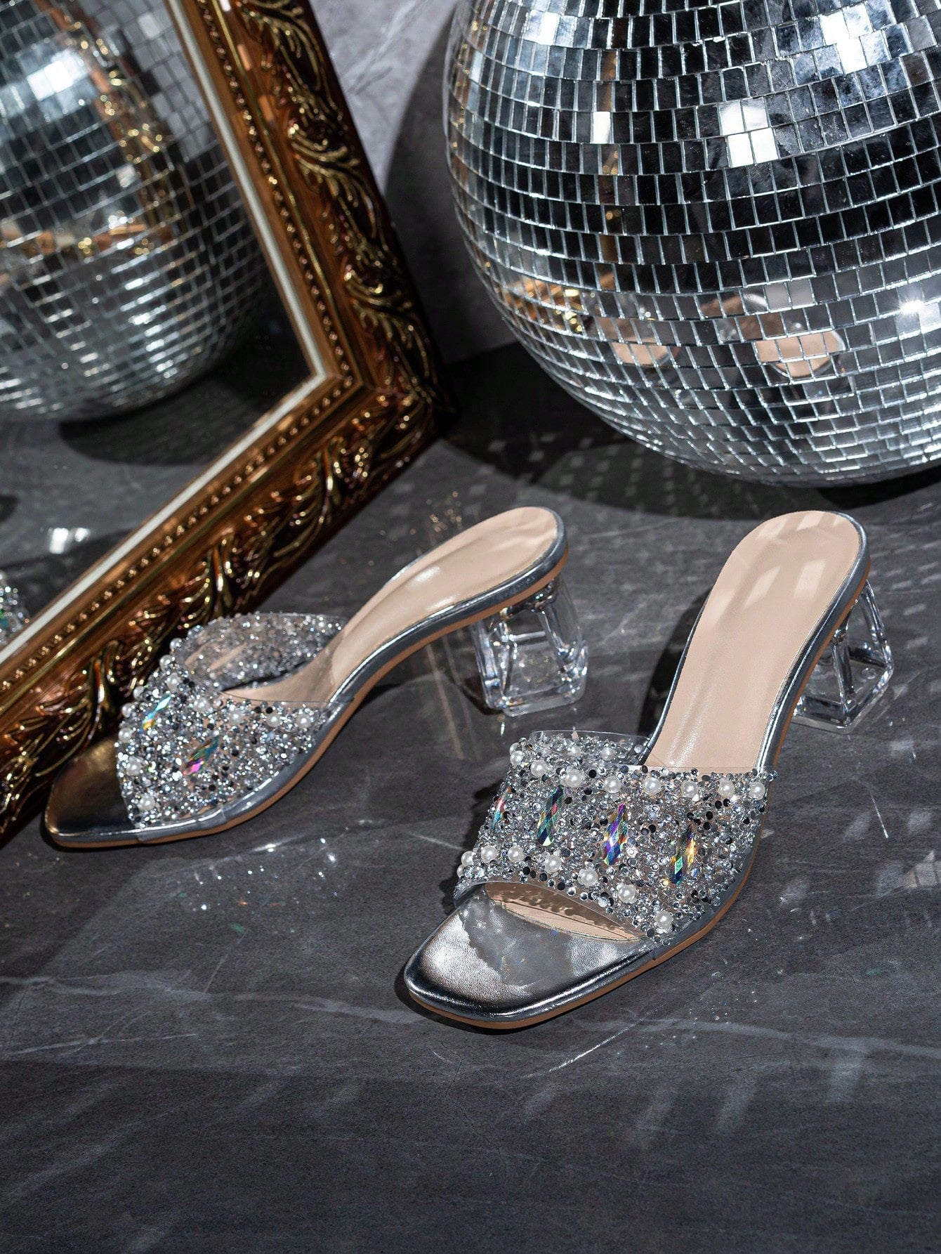 Women Rhinestone Decor Clear Chunky Heeled Mule Sandals, Glamorous Gold Glass Heeled Sandals