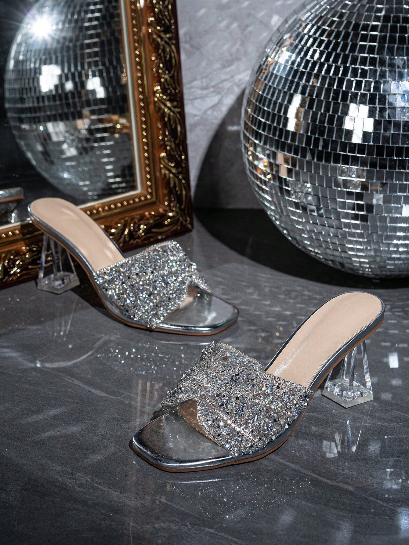 Women Rhinestone Decor Clear Chunky Heeled Mule Sandals, Glamorous Gold Glass Heeled Sandals