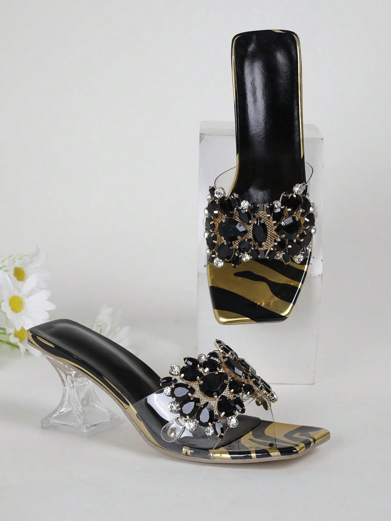 Jewelled Decor Clear Sculptural Heeled Mule Sandals, Ladies' Gold High Heel Sandals With Jewel Detail And Unique Heel