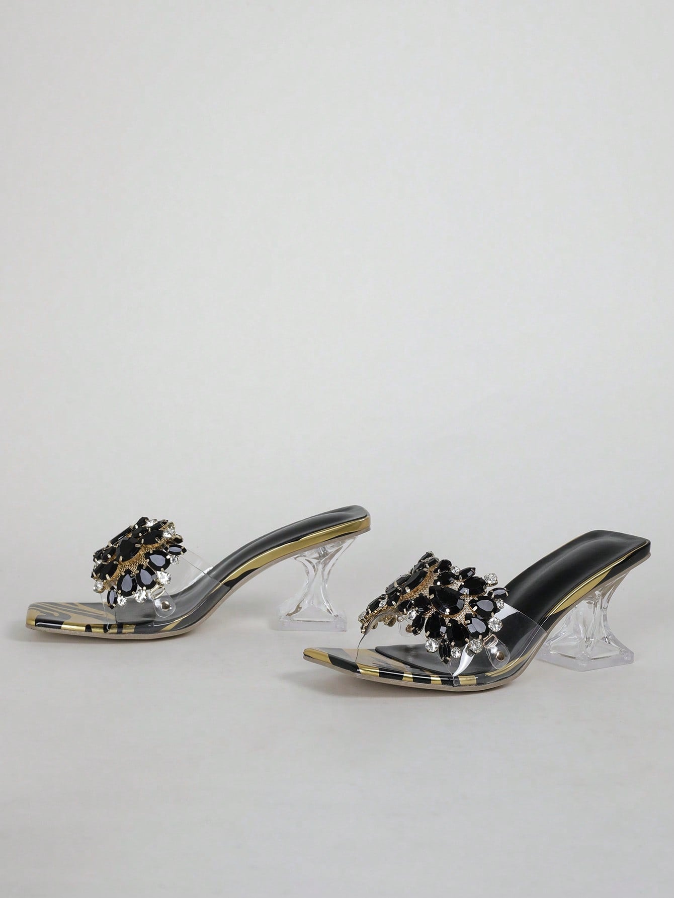 Jewelled Decor Clear Sculptural Heeled Mule Sandals, Ladies' Gold High Heel Sandals With Jewel Detail And Unique Heel