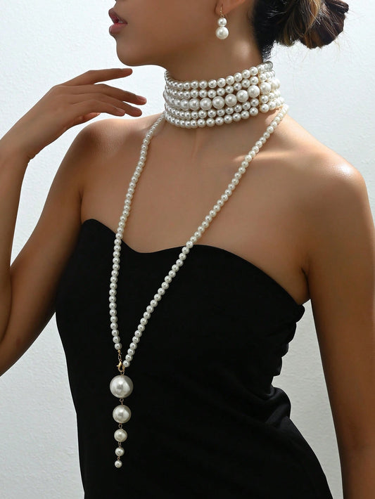 2 Necklaces And 1 Pair Of Earrings Stackable Pearl Necklaces