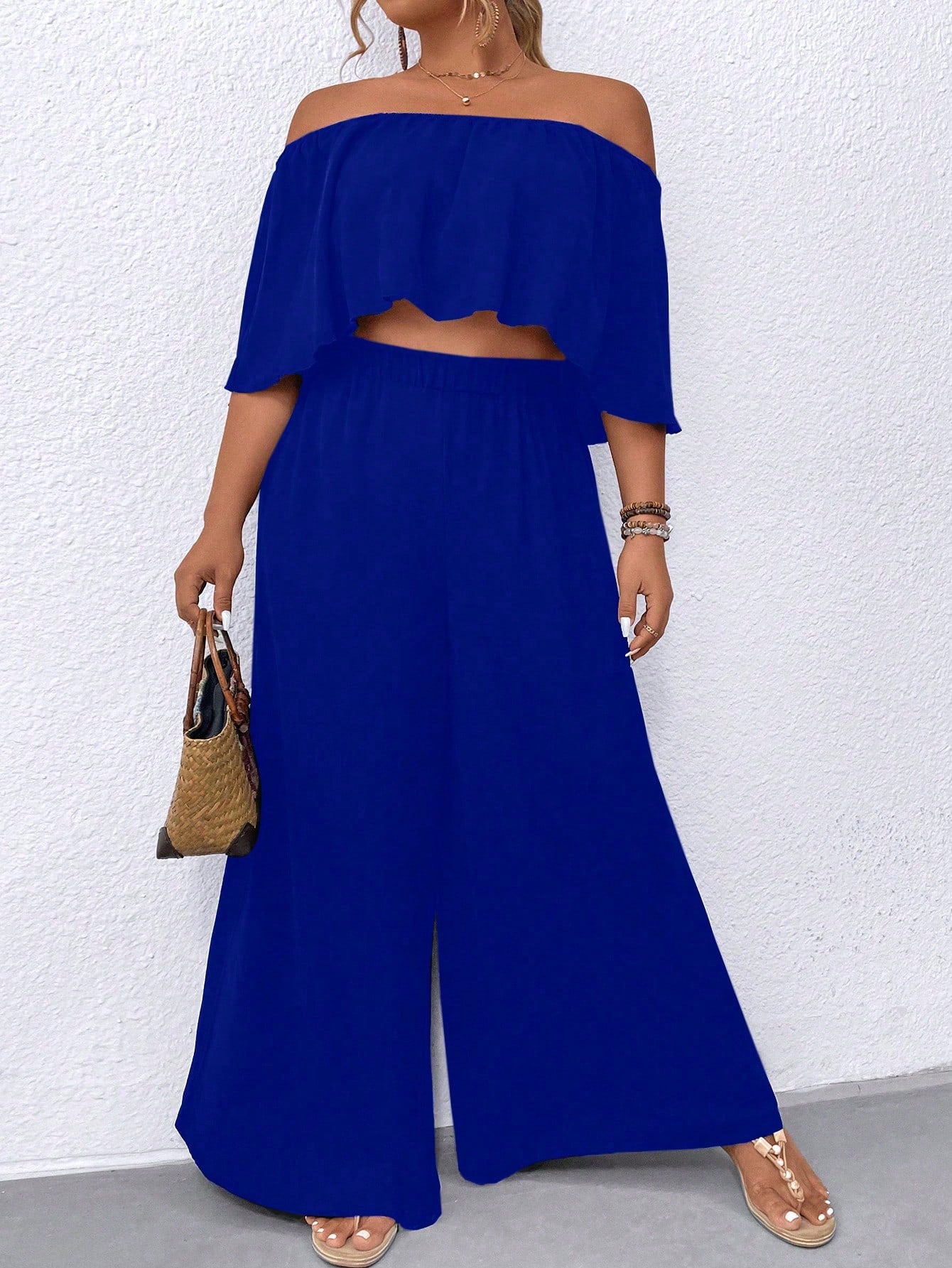 Plus Size Off Shoulder Ruffle Top And Wide Leg Pants Two Piece Set