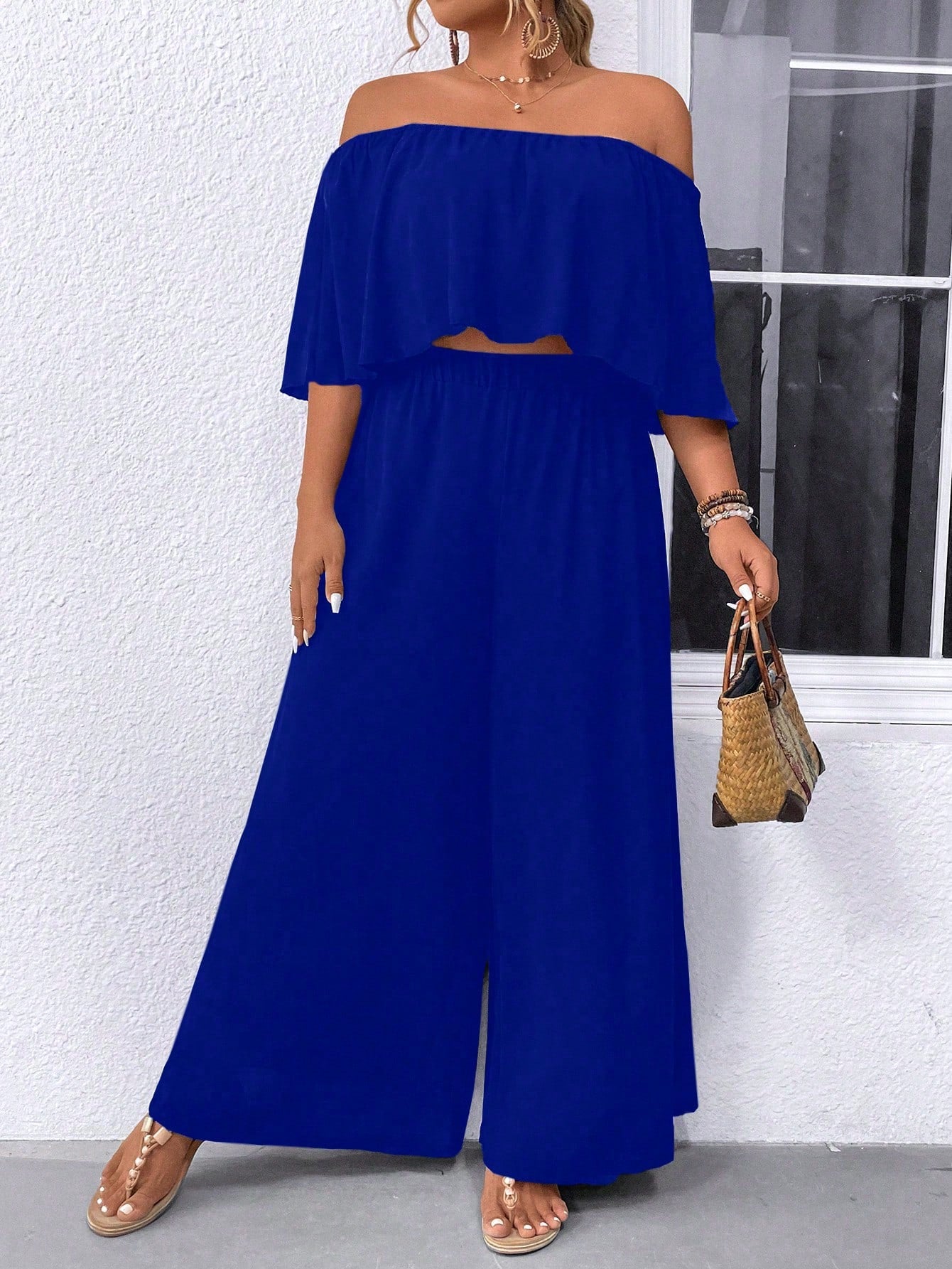 Plus Size Off Shoulder Ruffle Top And Wide Leg Pants Two Piece Set