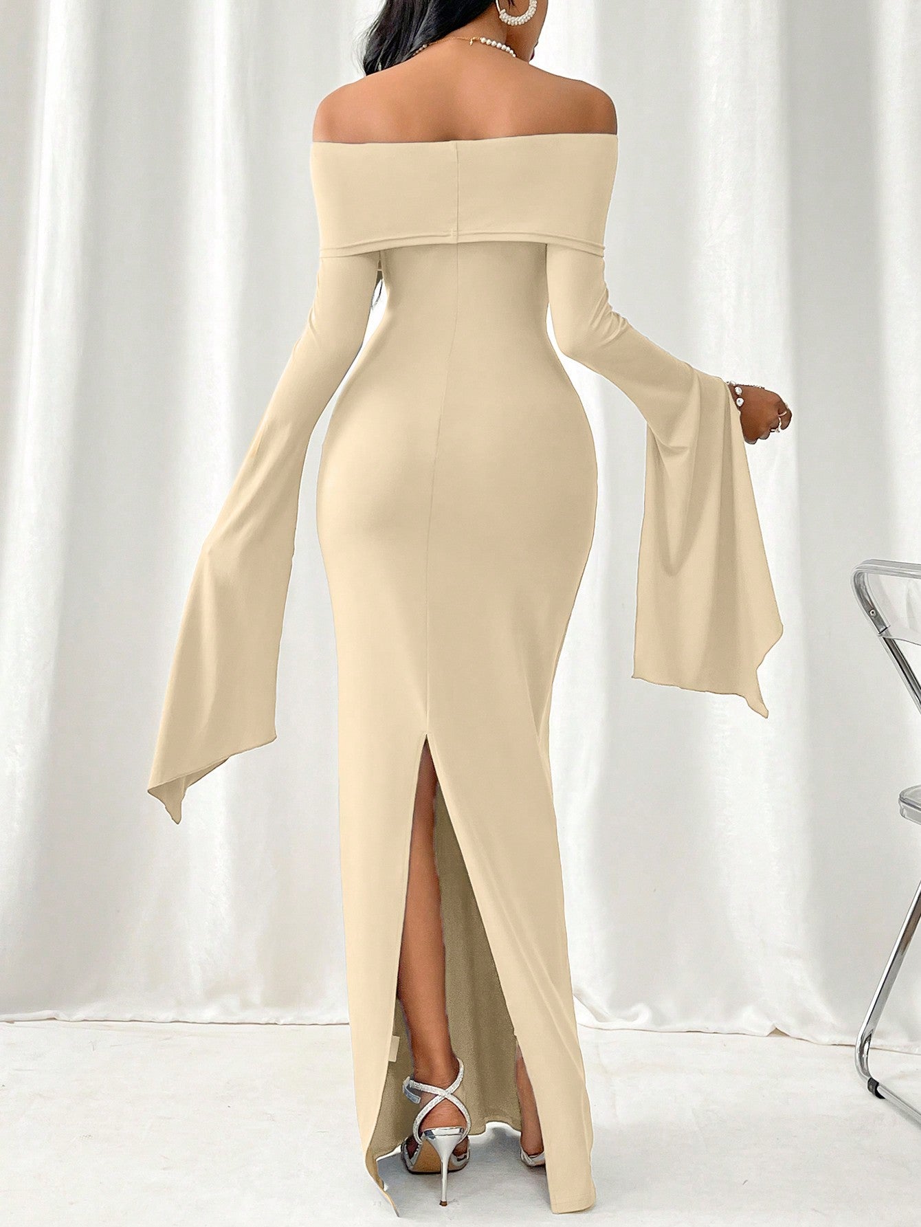 Women Off-Shoulder Bodycon Dress With Collar, Long