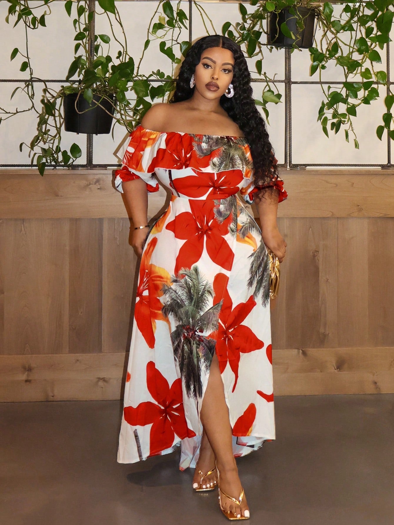 Plus Size Elegant Short Sleeve With Tropical Plants And Large Floral Prints Off-Shoulder Dress