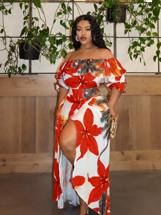 Plus Size Elegant Short Sleeve With Tropical Plants And Large Floral Prints Off-Shoulder Dress