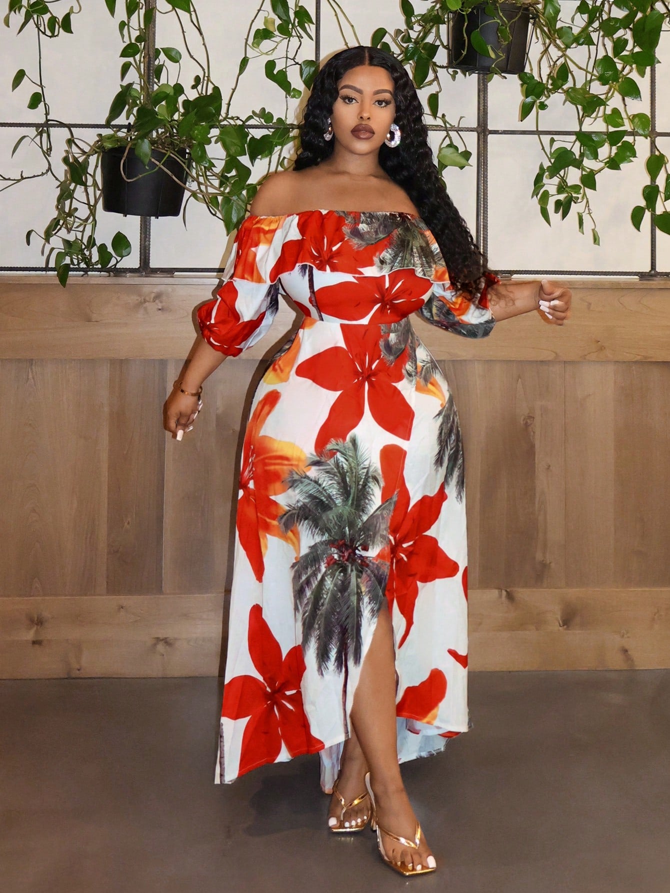 Plus Size Elegant Short Sleeve With Tropical Plants And Large Floral Prints Off-Shoulder Dress